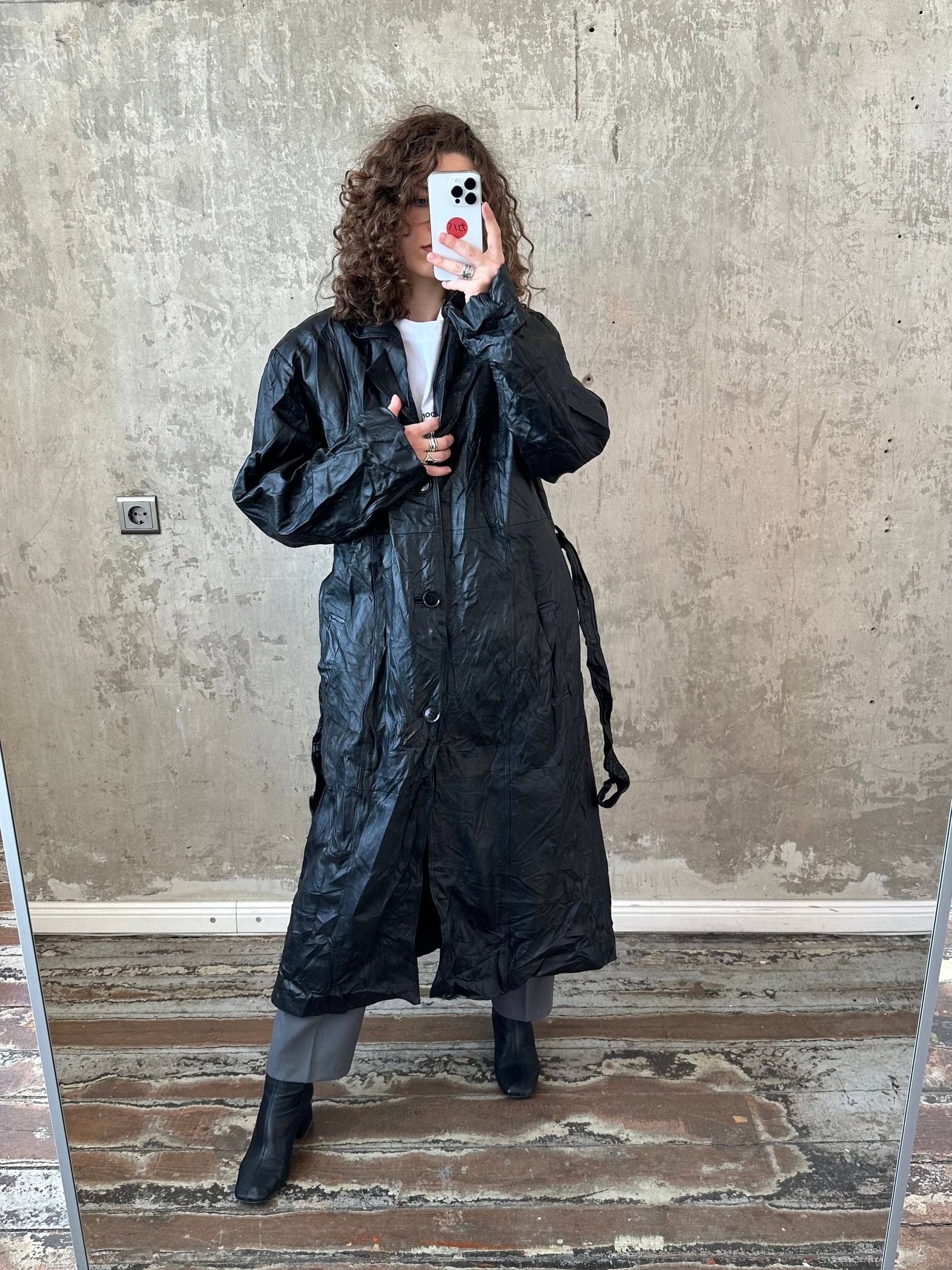 Vintage 90s leather belted coat in black, straight maxi coat