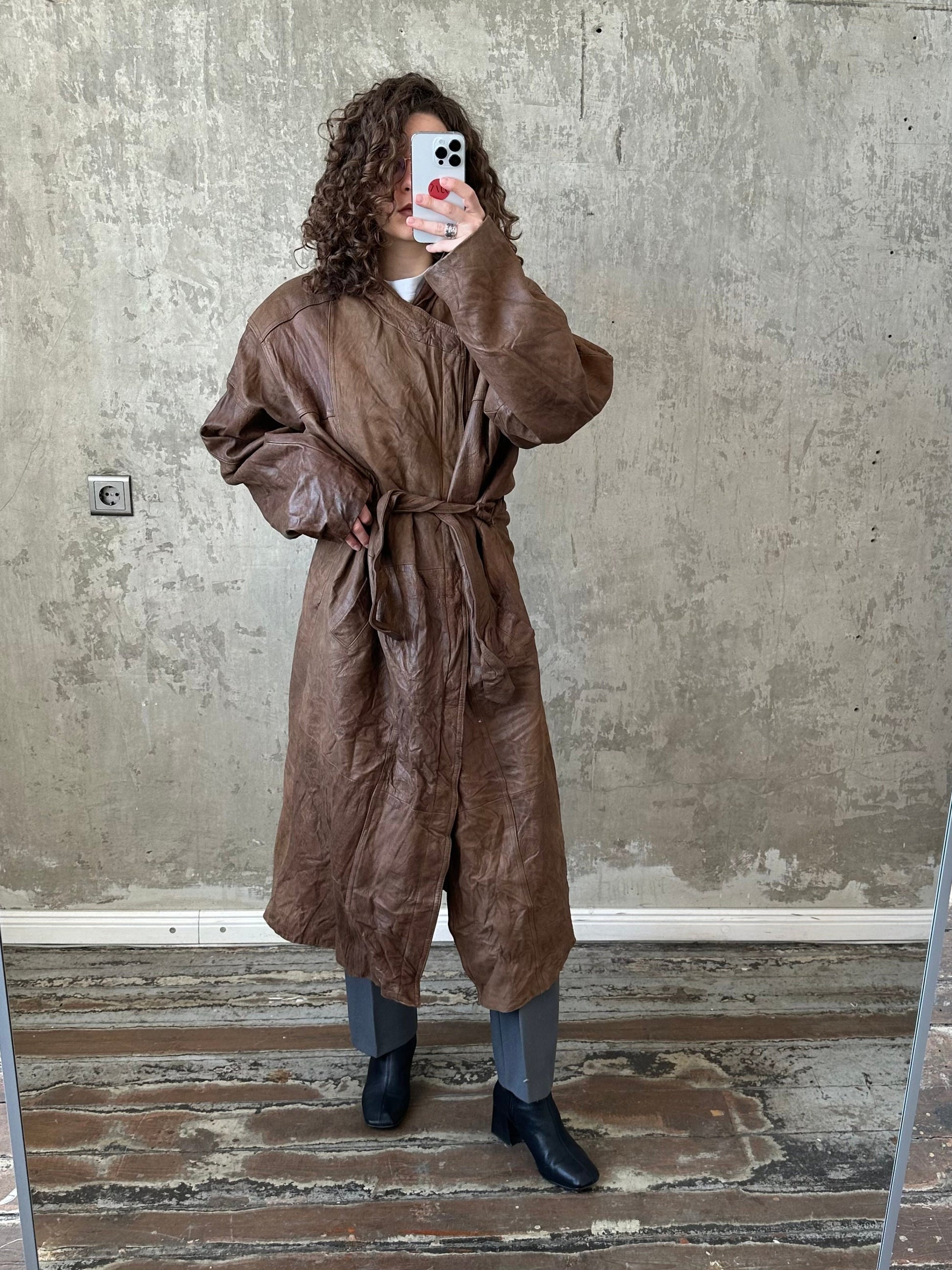 Vintage 90s genuine leather coat in brown, belted coat