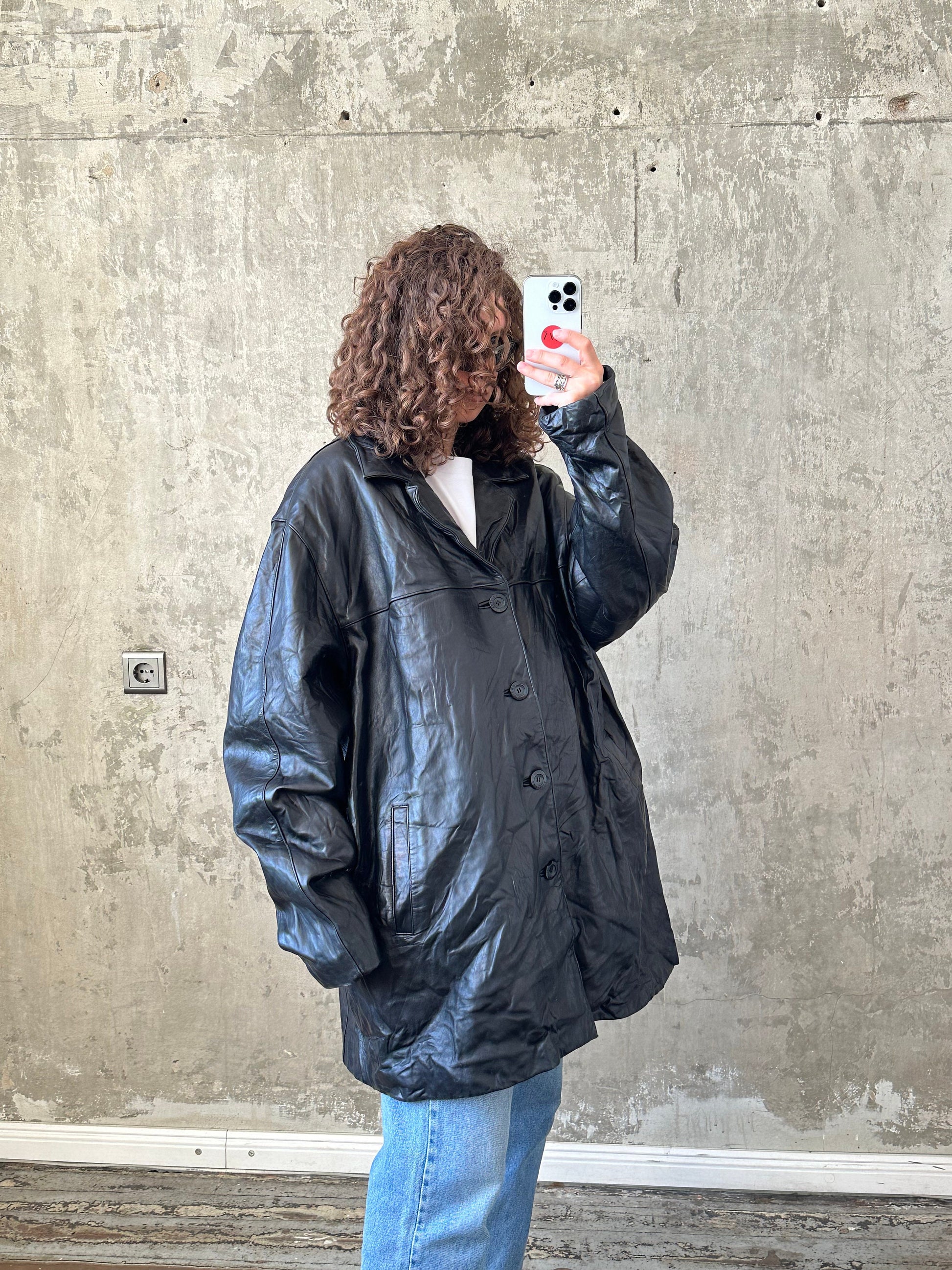 Vintage 90s wide leather jacket in black, short leather overcoat