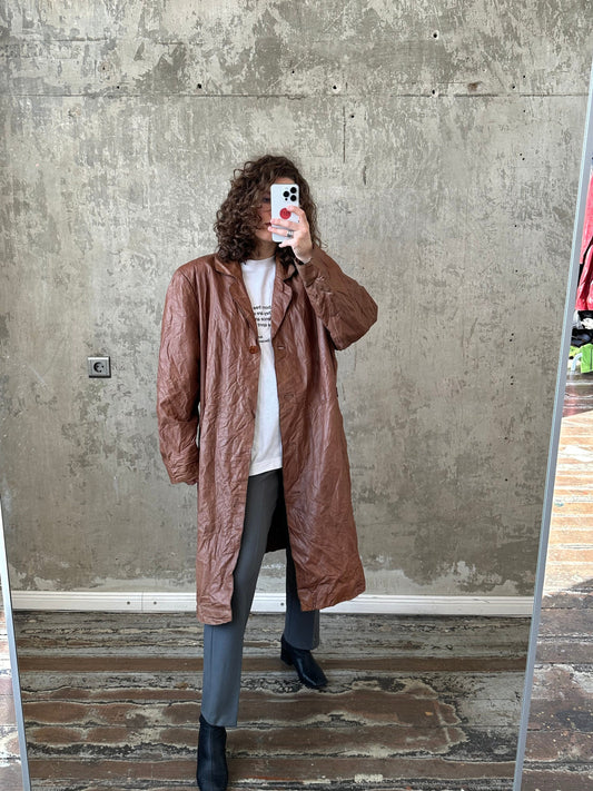 Vintage 90s genuine leather overcoat in brown