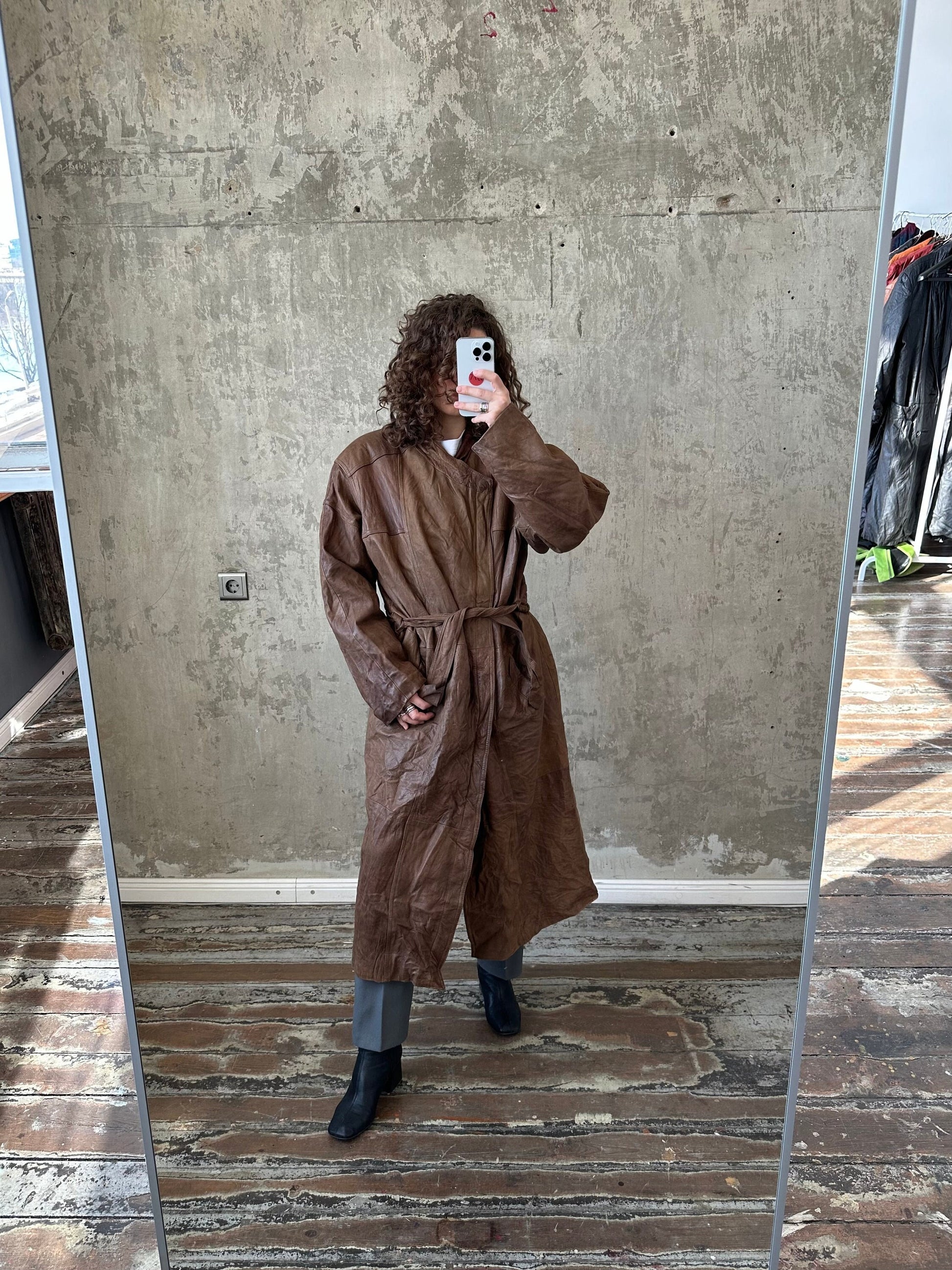 Vintage 90s genuine leather coat in brown, belted coat