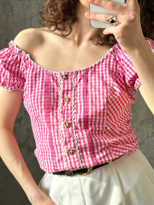 Vintage dirndl pink plaid top, traditional blouse with puffy sleeves