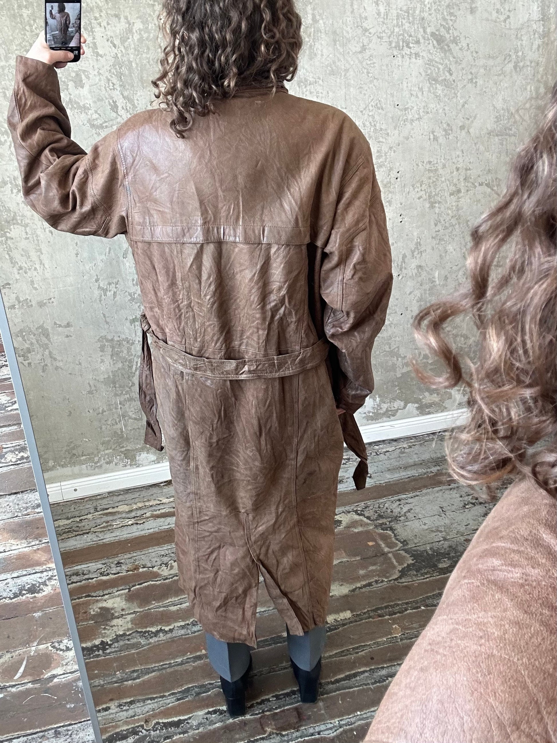 Vintage 90s genuine leather coat in brown, belted coat