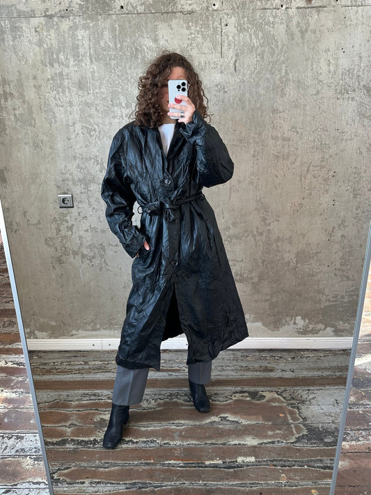 Vintage 90s leather belted coat in black, straight maxi coat