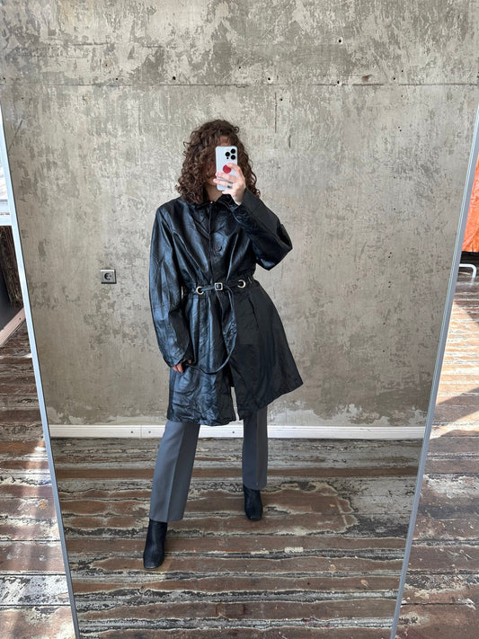 Vintage 90s leather belted coat in black, midi overcoat