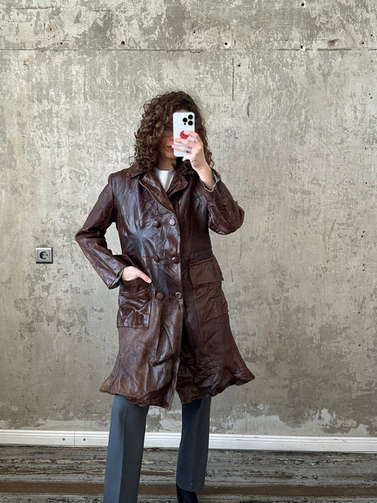 Vintage 90s genuine leather coat in brown, short coat