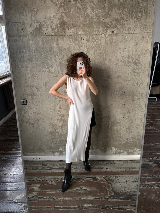 Vintage white loose linen dress, maxi sleeveless tank dress with slit