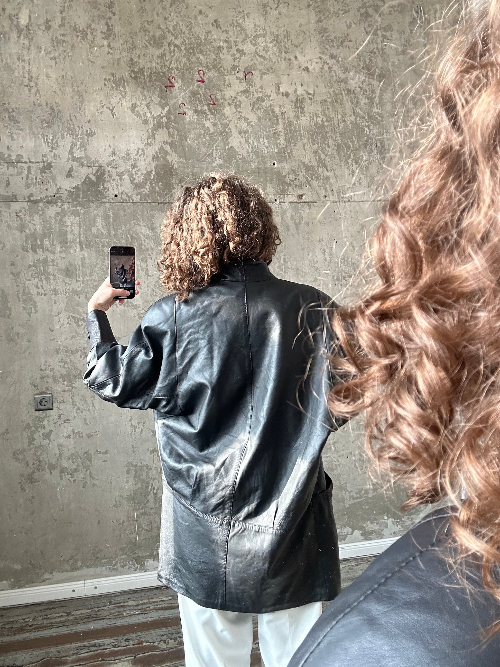 Vintage 90s leather overcoat in black with big collar
