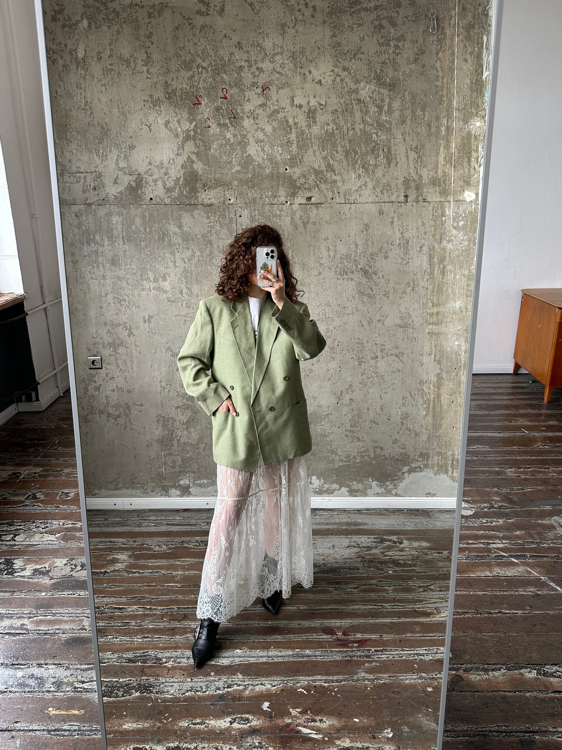 Vintage 90s straight wool blazer in green, loose linen blazer