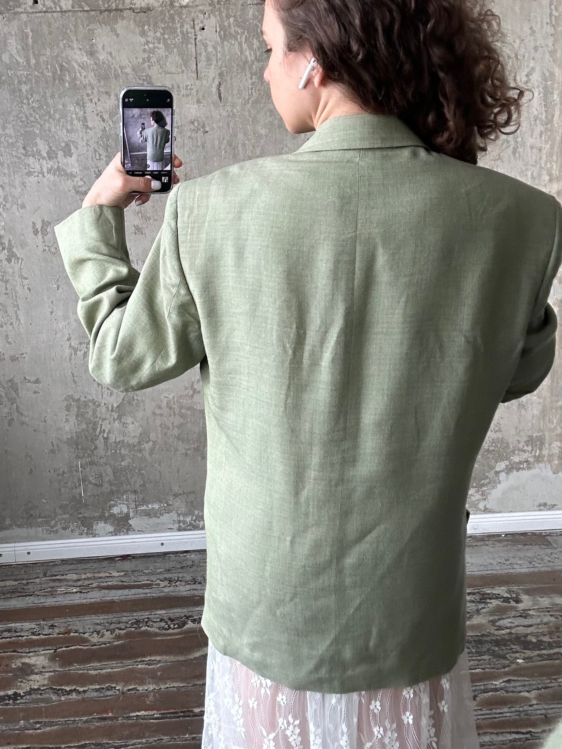 Vintage 90s straight wool blazer in green, loose linen blazer