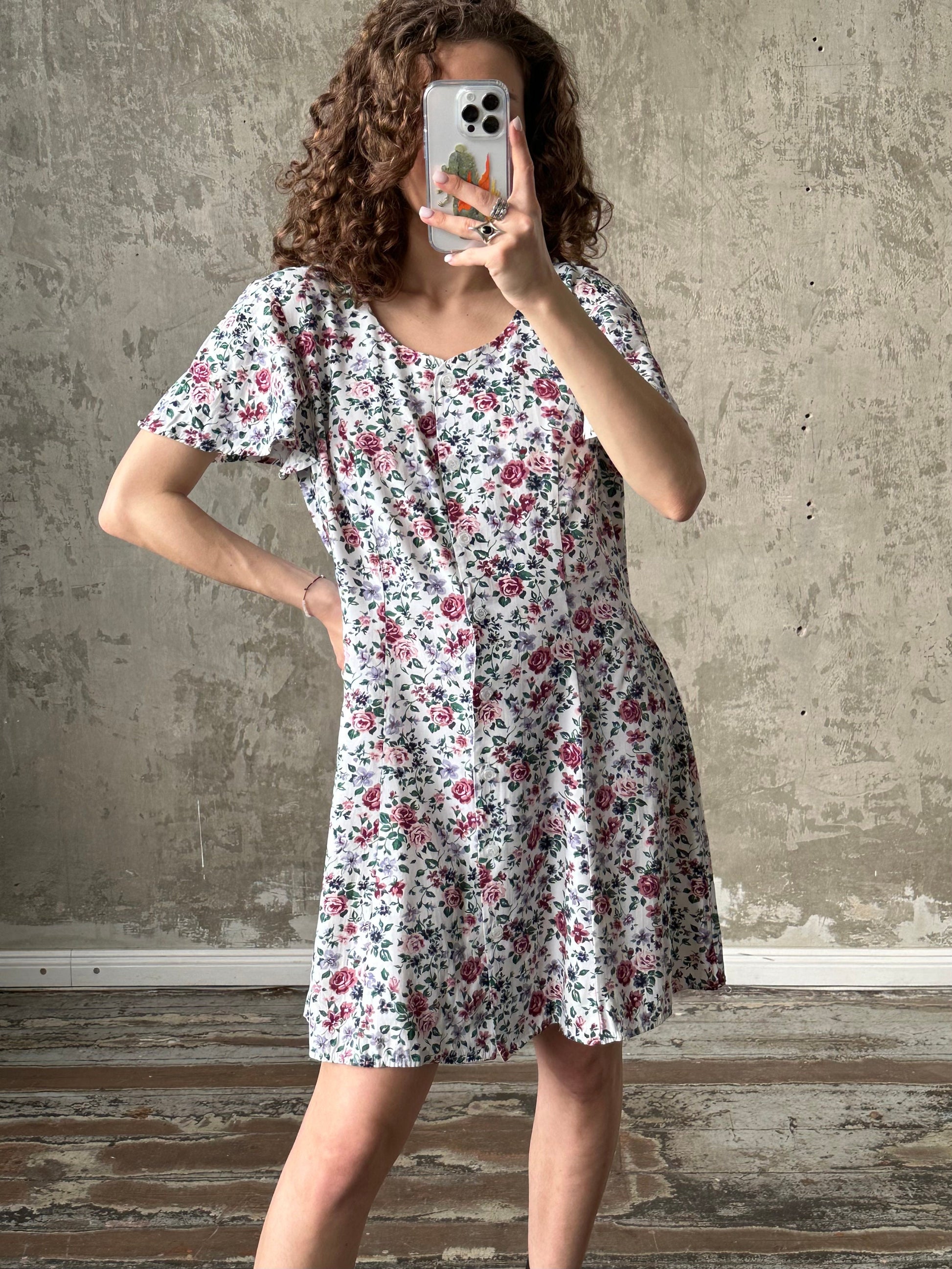 Vintage floral dress in white, mini summer sundress
