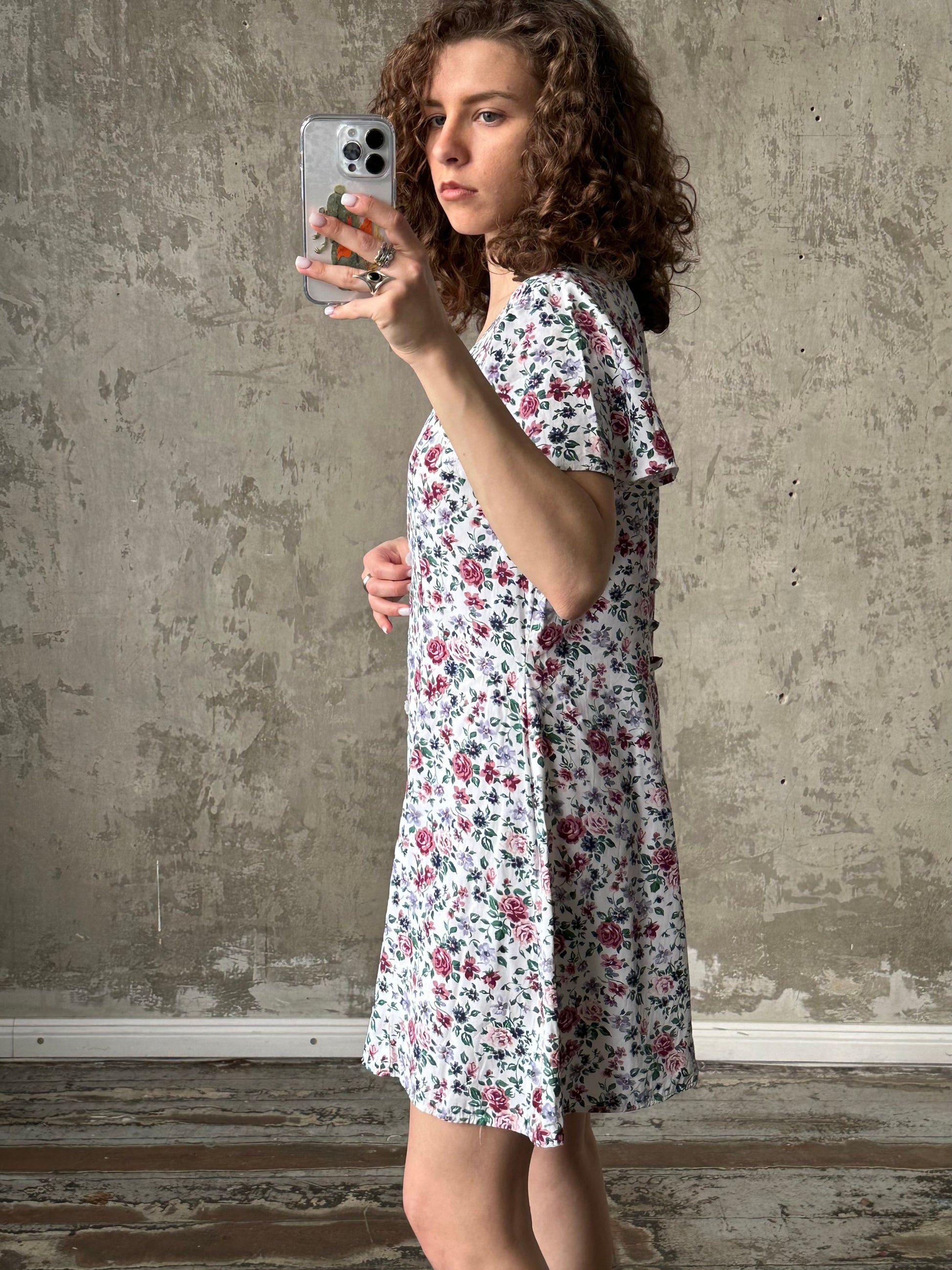 Vintage floral dress in white, mini summer sundress