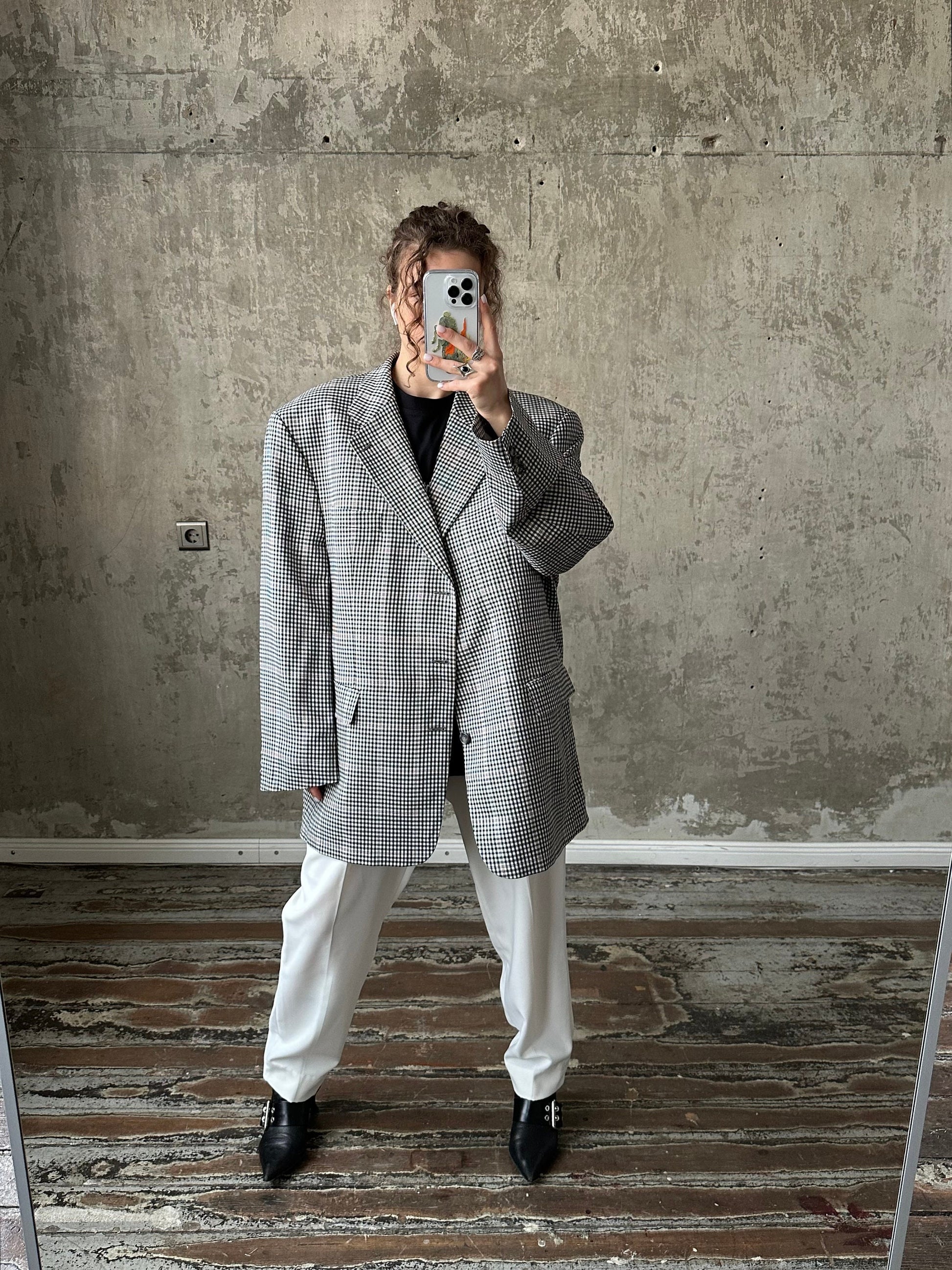 Vintage boyfriend check blazer in black and white, wool blazer