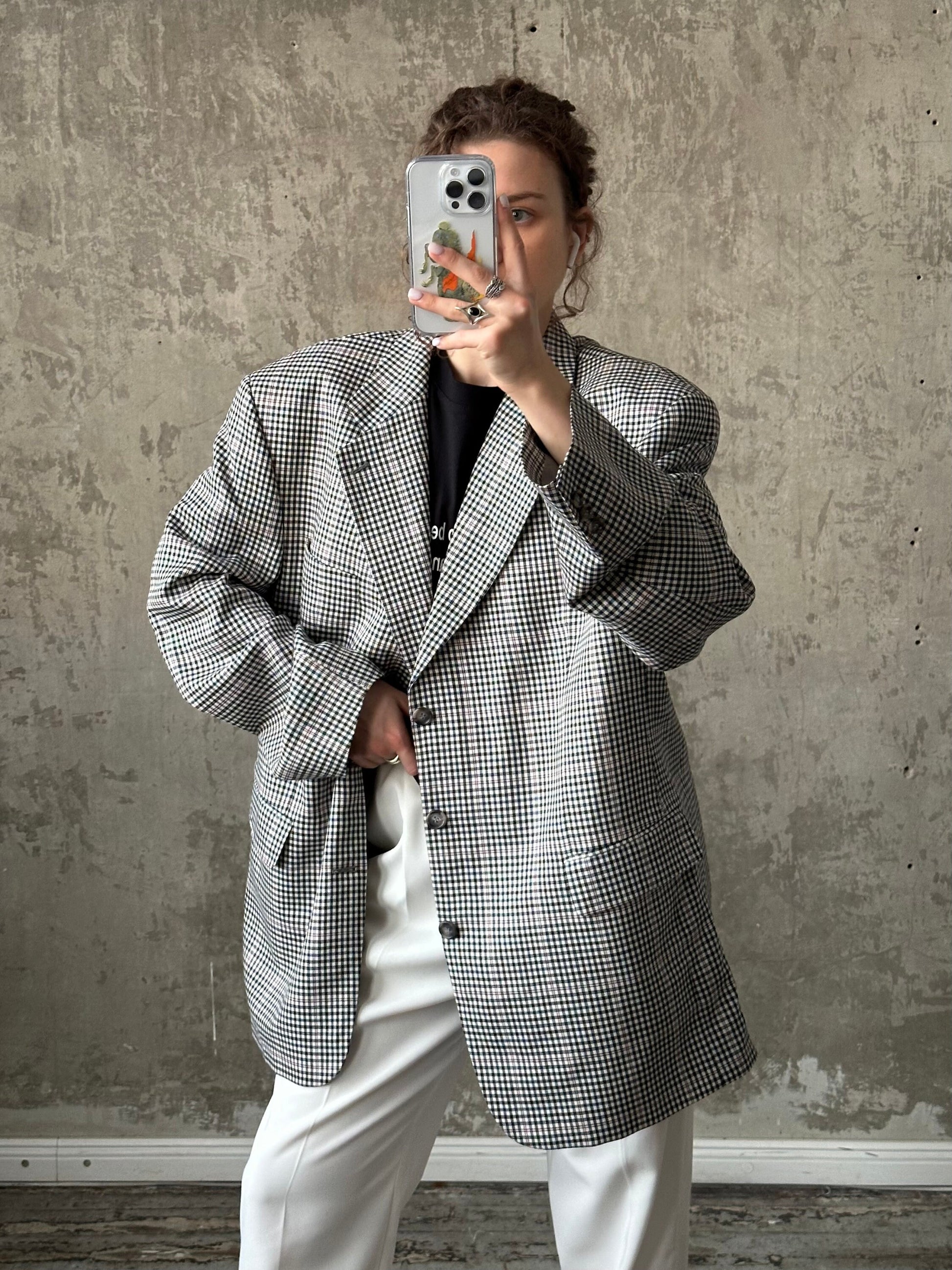 Vintage boyfriend check blazer in black and white, wool blazer