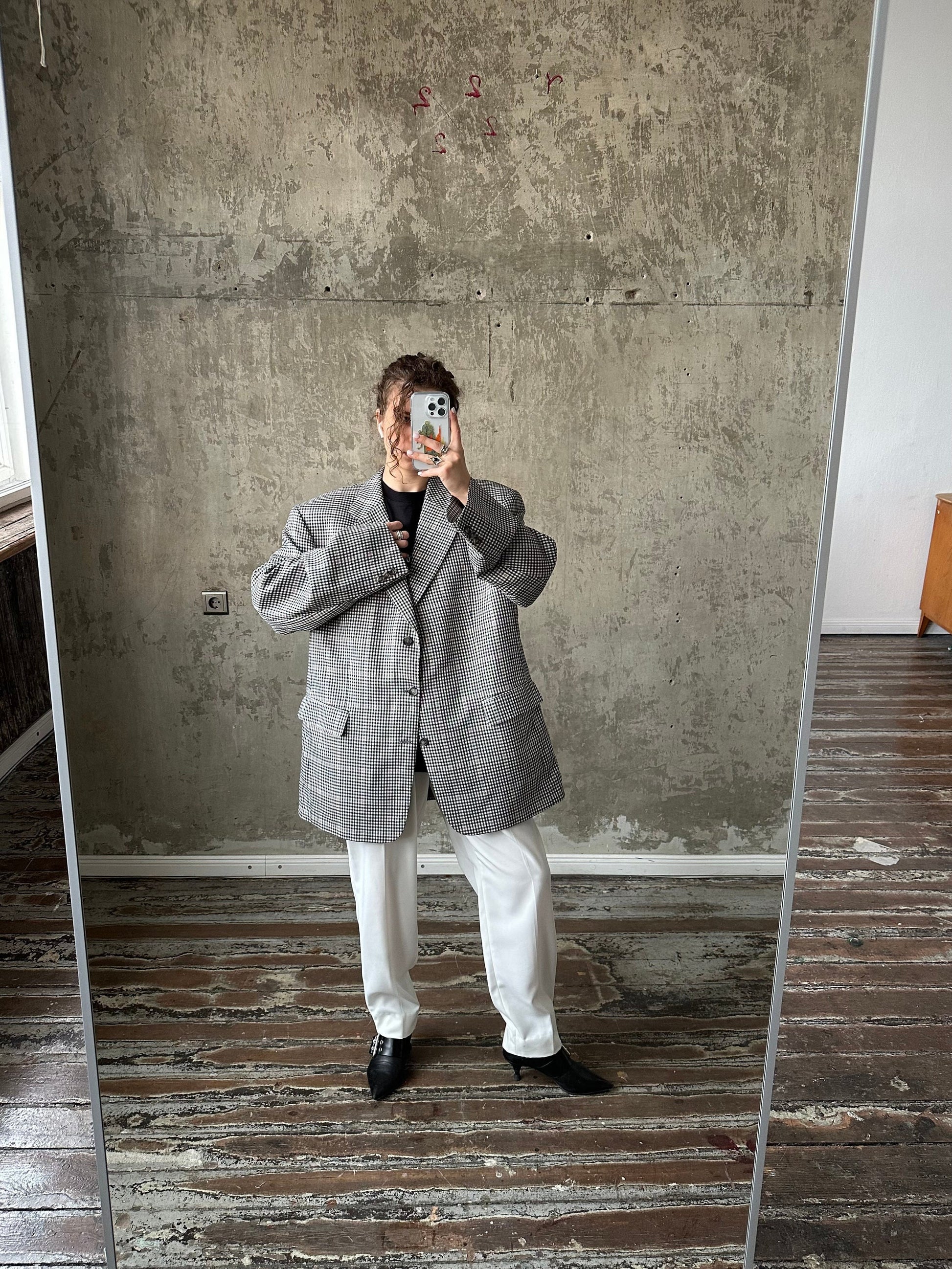 Vintage boyfriend check blazer in black and white, wool blazer
