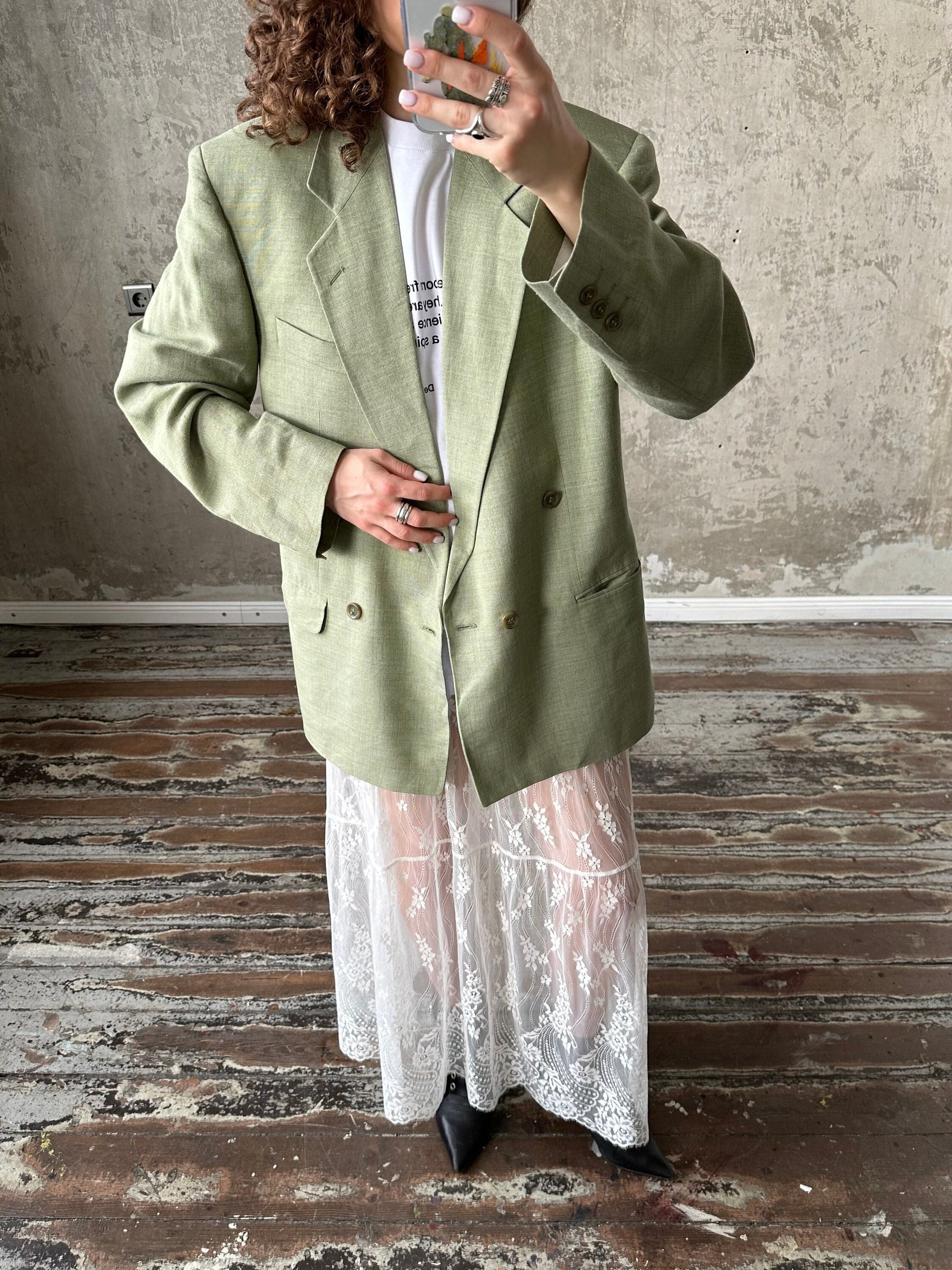 Vintage 90s straight wool blazer in green, loose linen blazer