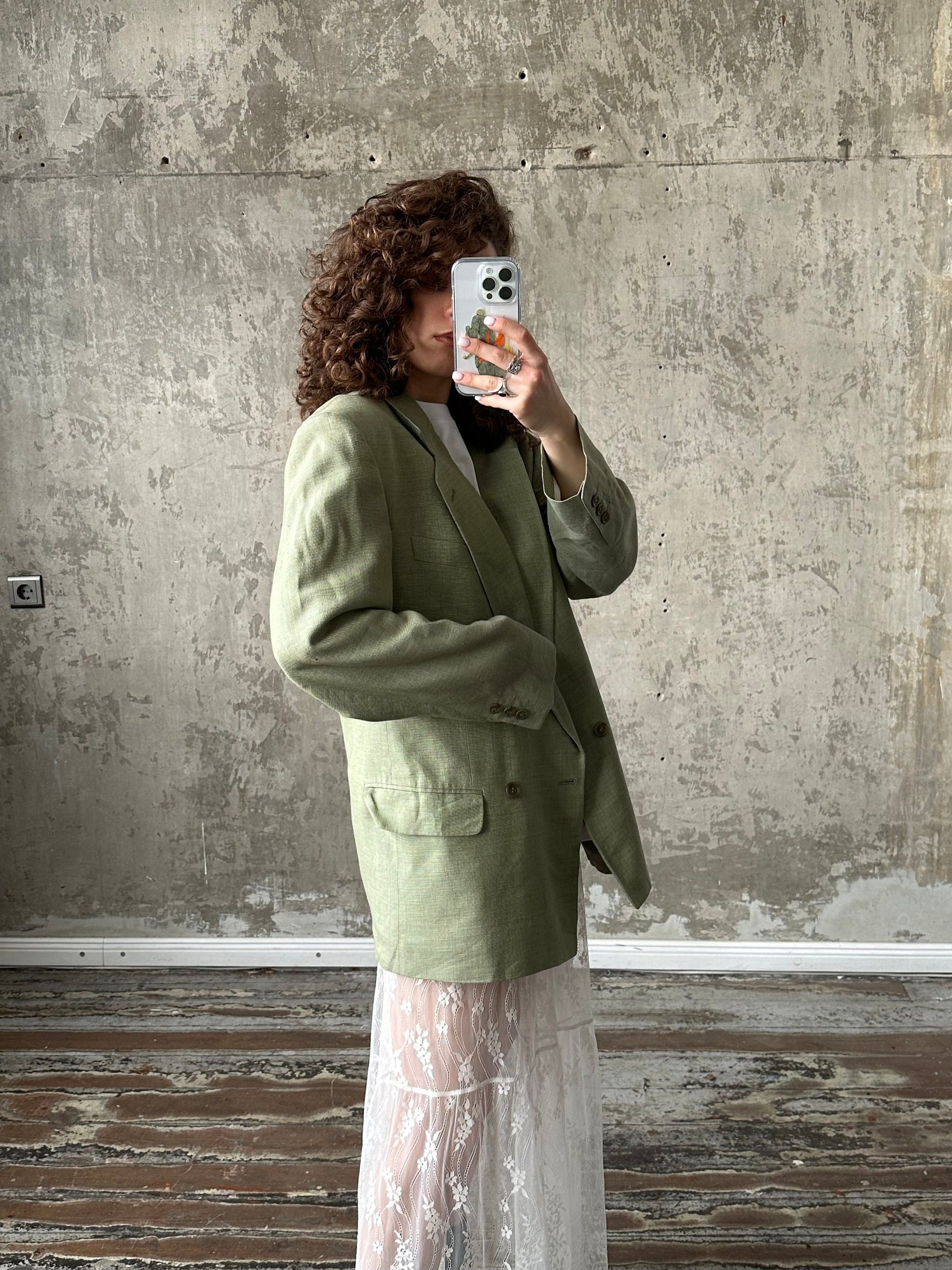 Vintage 90s straight wool blazer in green, loose linen blazer