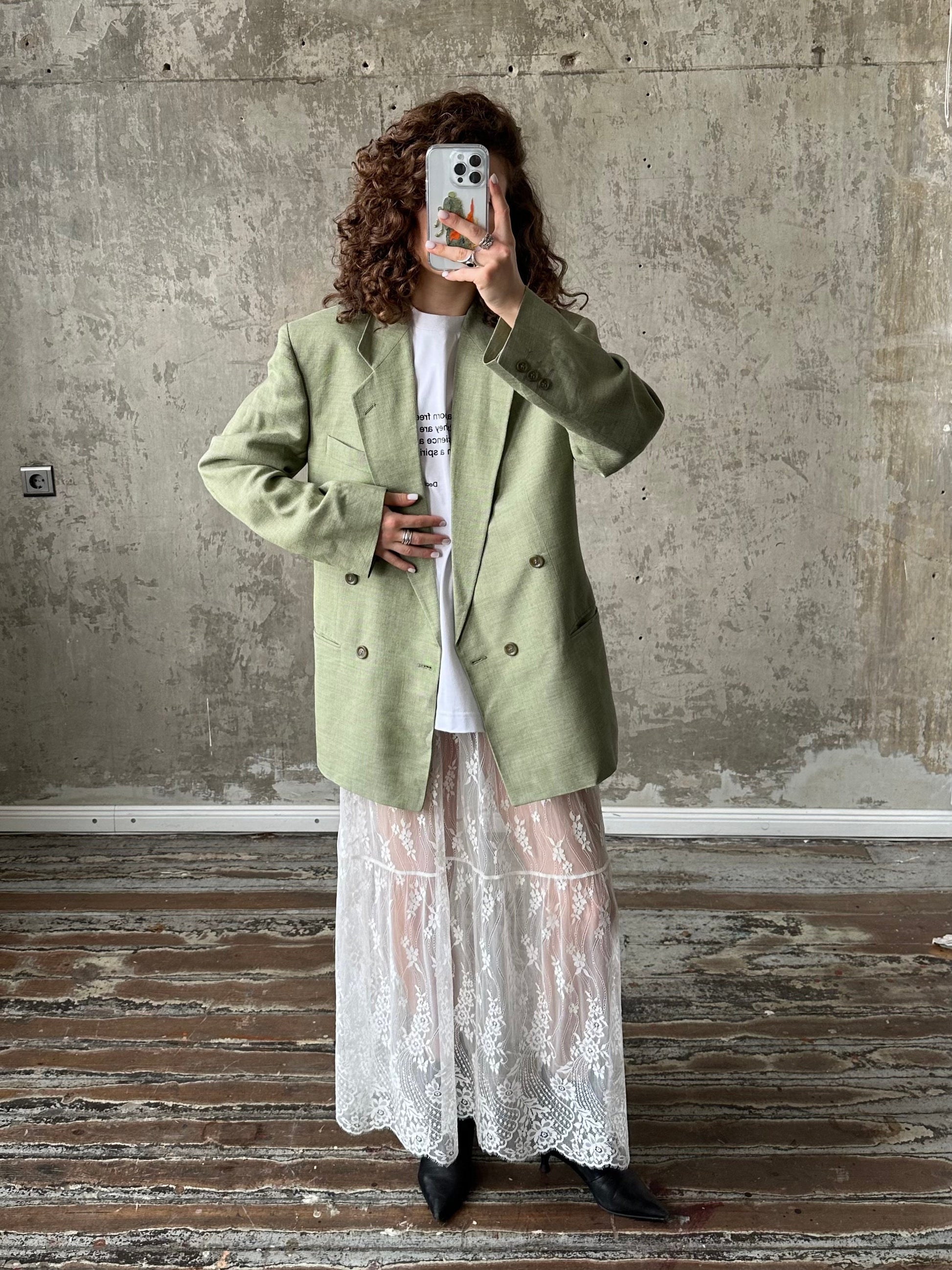 Vintage 90s straight wool blazer in green, loose linen blazer