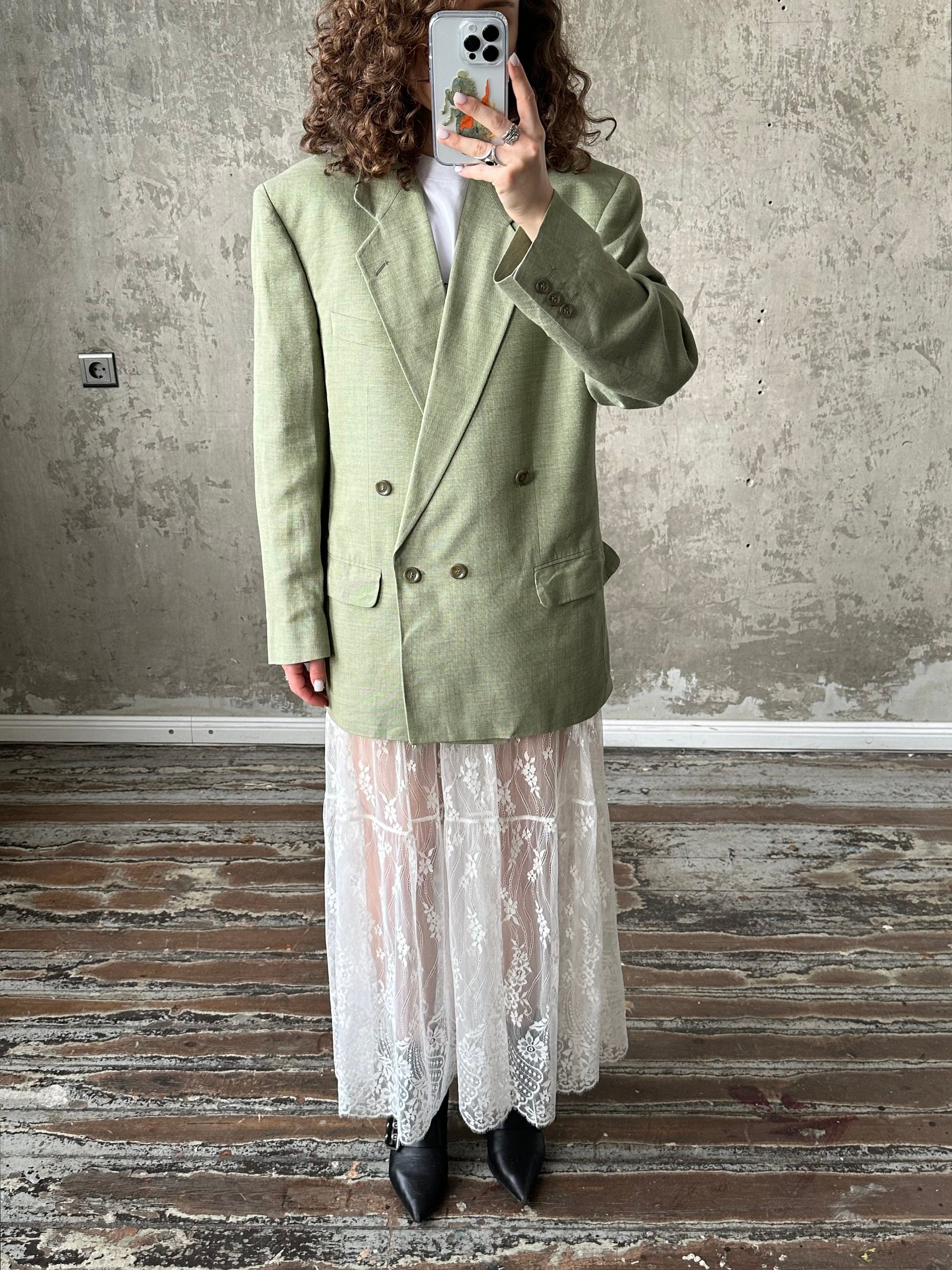 Vintage 90s straight wool blazer in green, loose linen blazer
