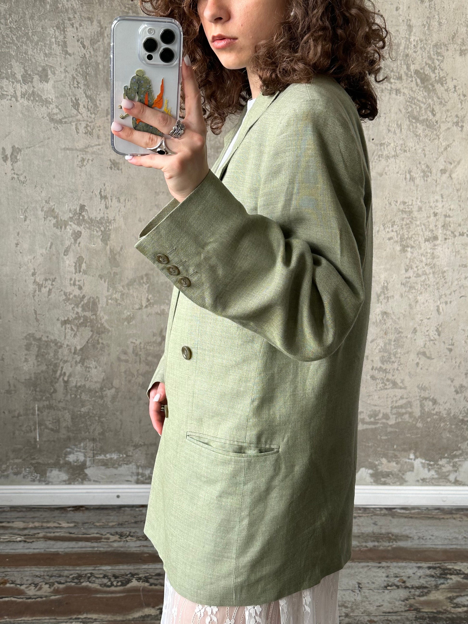 Vintage 90s straight wool blazer in green, loose linen blazer