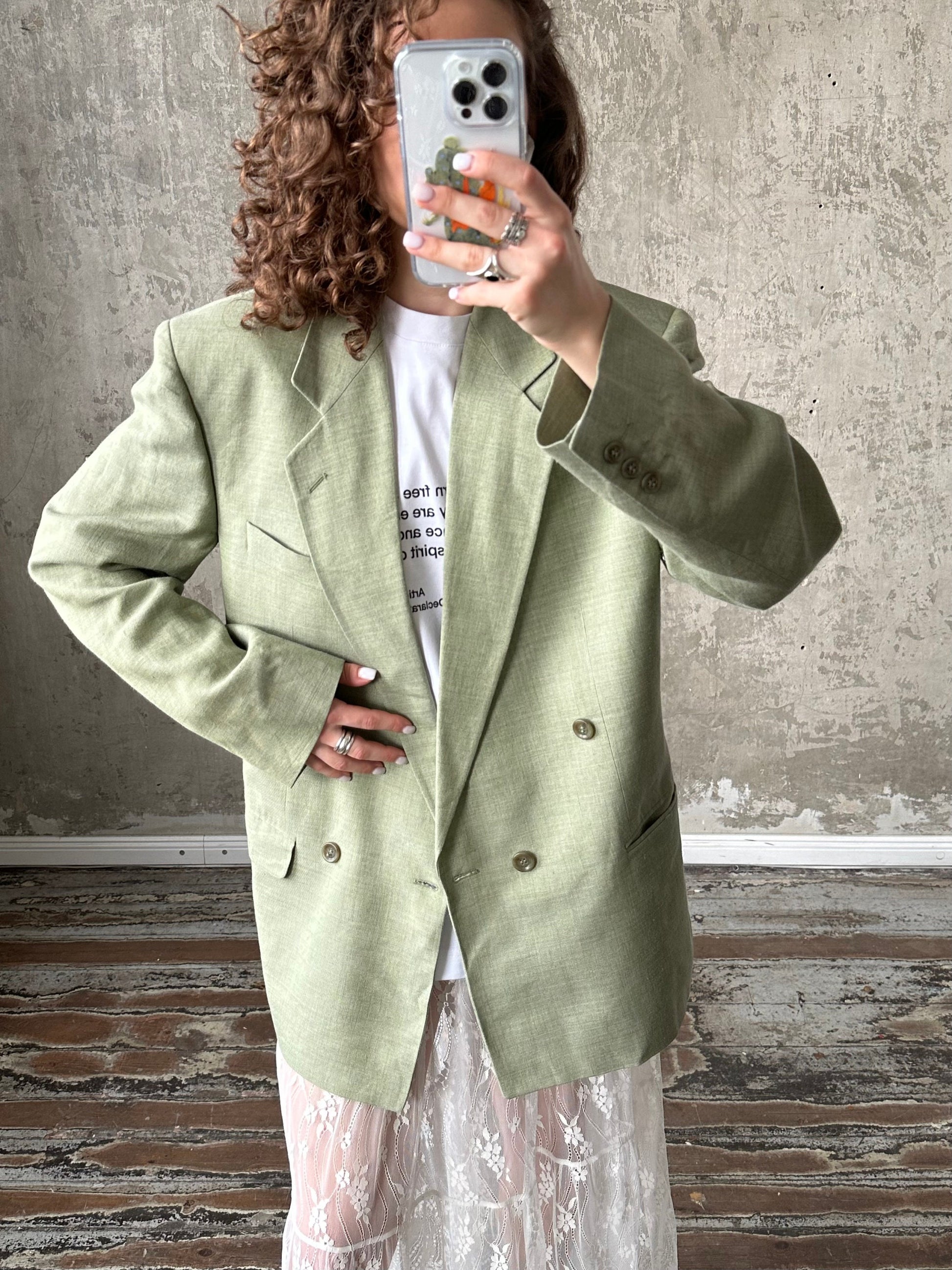 Vintage 90s straight wool blazer in green, loose linen blazer
