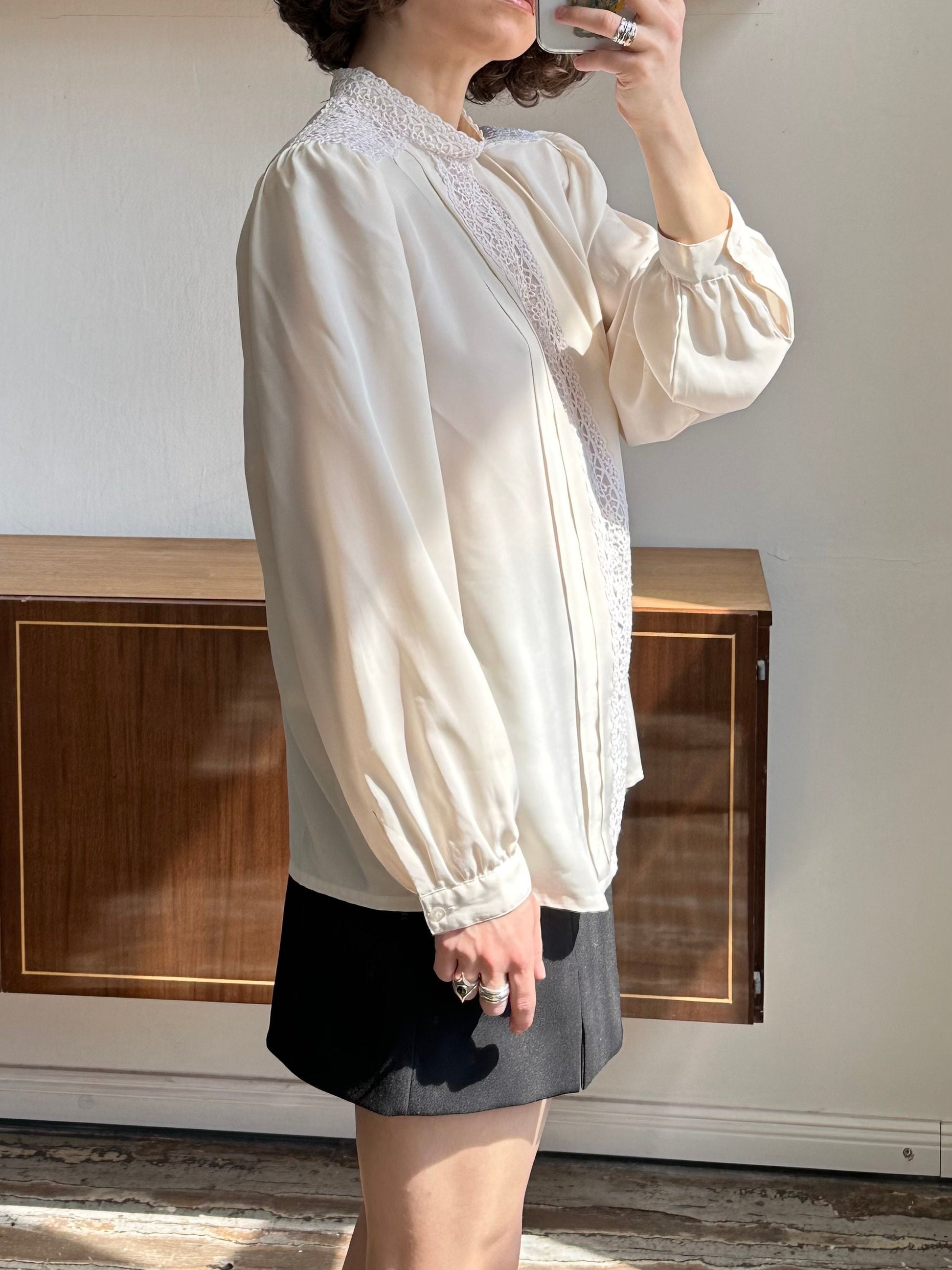 Vintage drape front blouse, chiffon blouse in cream