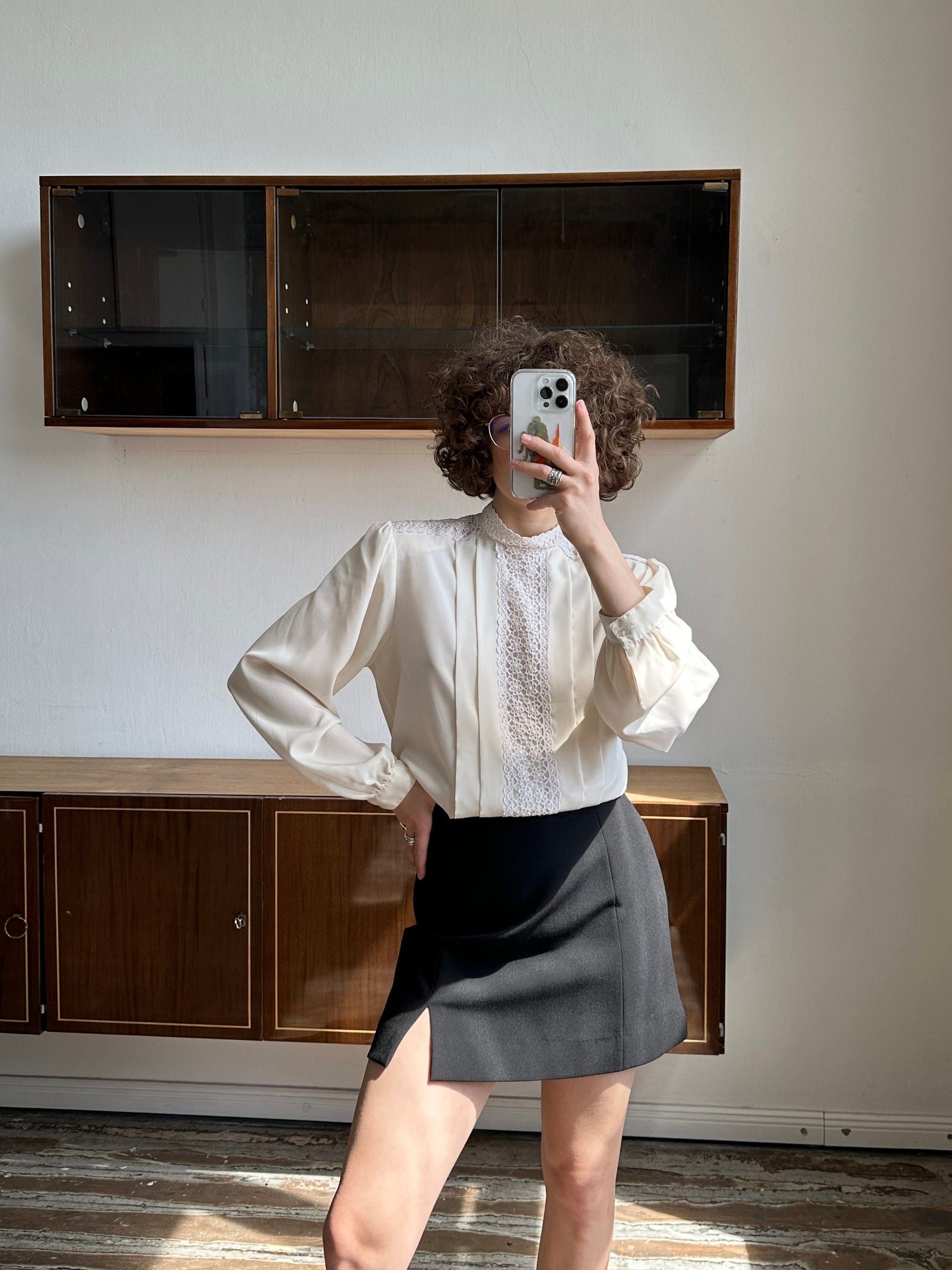 Vintage drape front blouse, chiffon blouse in cream
