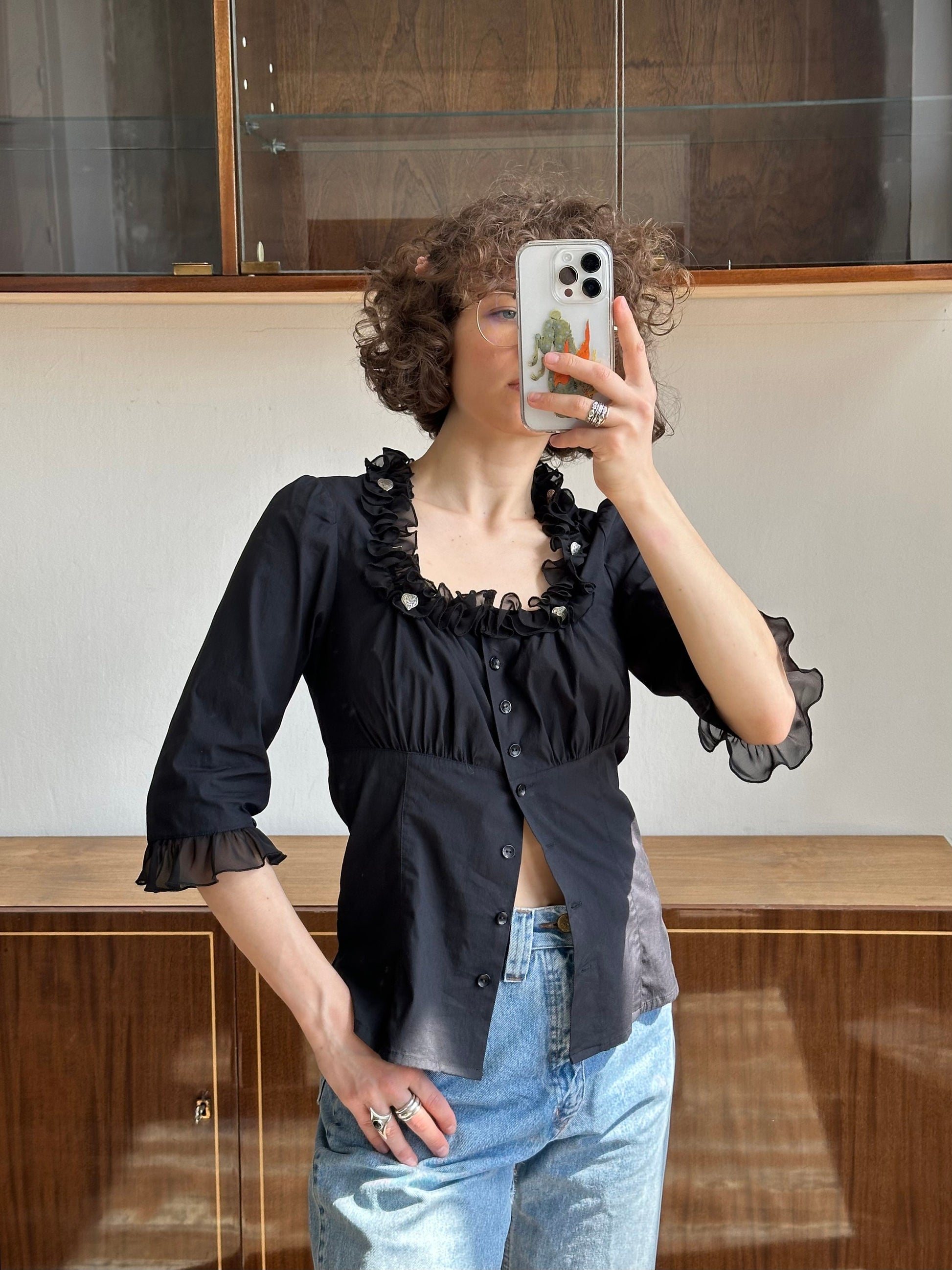 Vintage black dirndl top, traditional button-down blouse