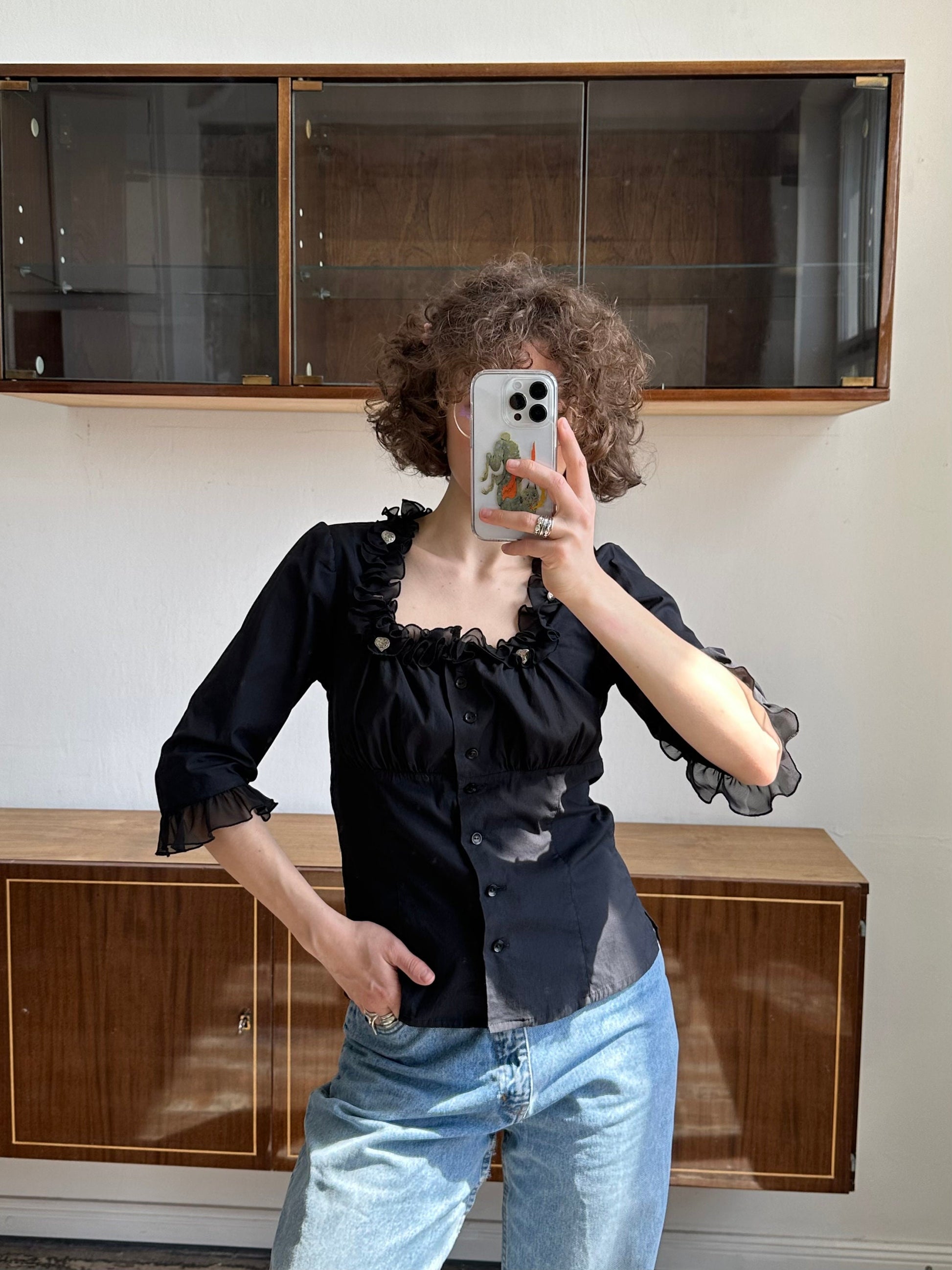 Vintage black dirndl top, traditional button-down blouse
