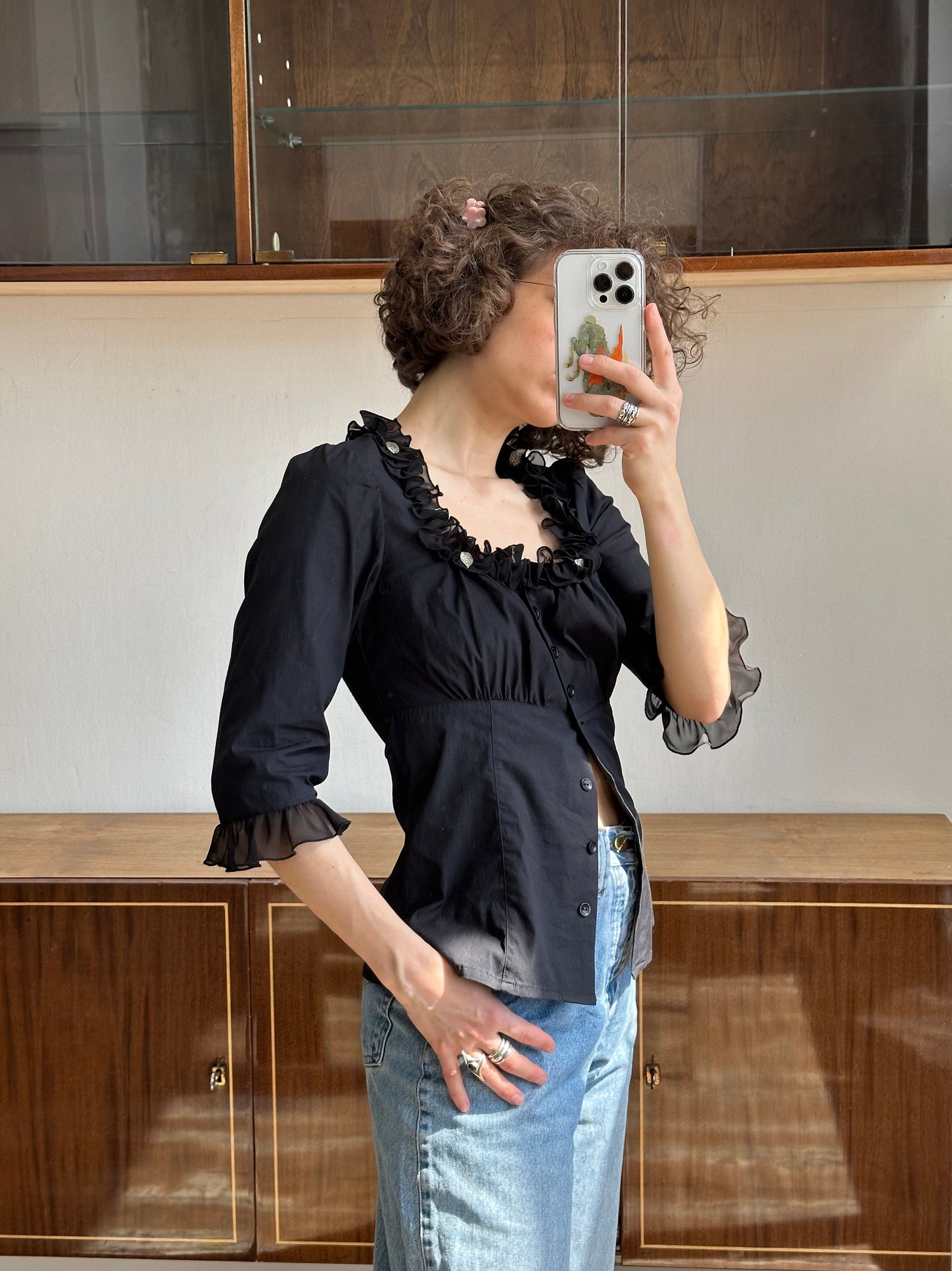 Vintage black dirndl top, traditional button-down blouse
