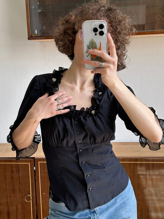 Vintage black dirndl top, traditional button-down blouse