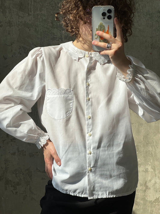 Vintage cotton women blouse in white with collar