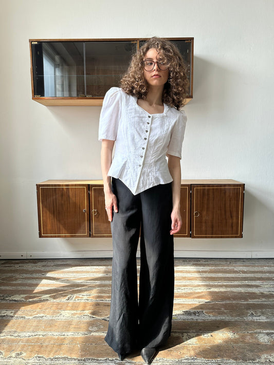 Vintage white dirndl top, traditional blouse with puffy sleeves