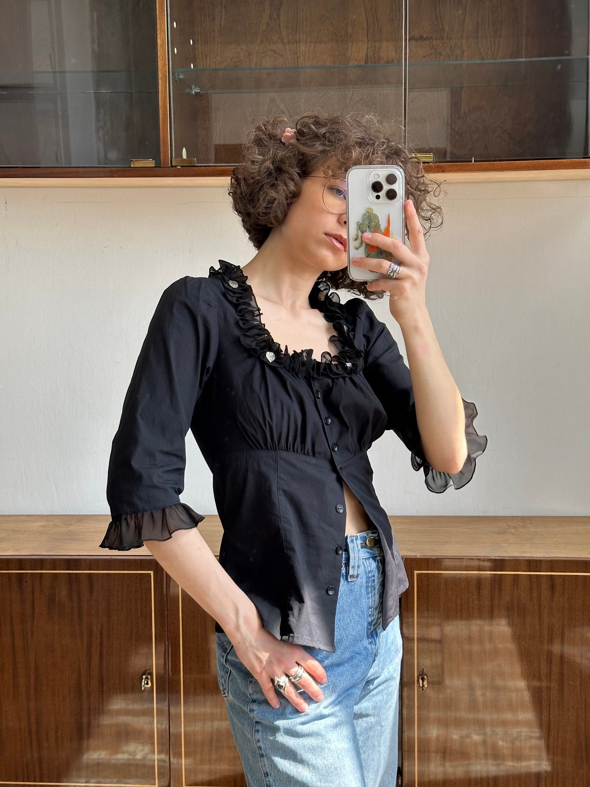 Vintage black dirndl top, traditional button-down blouse