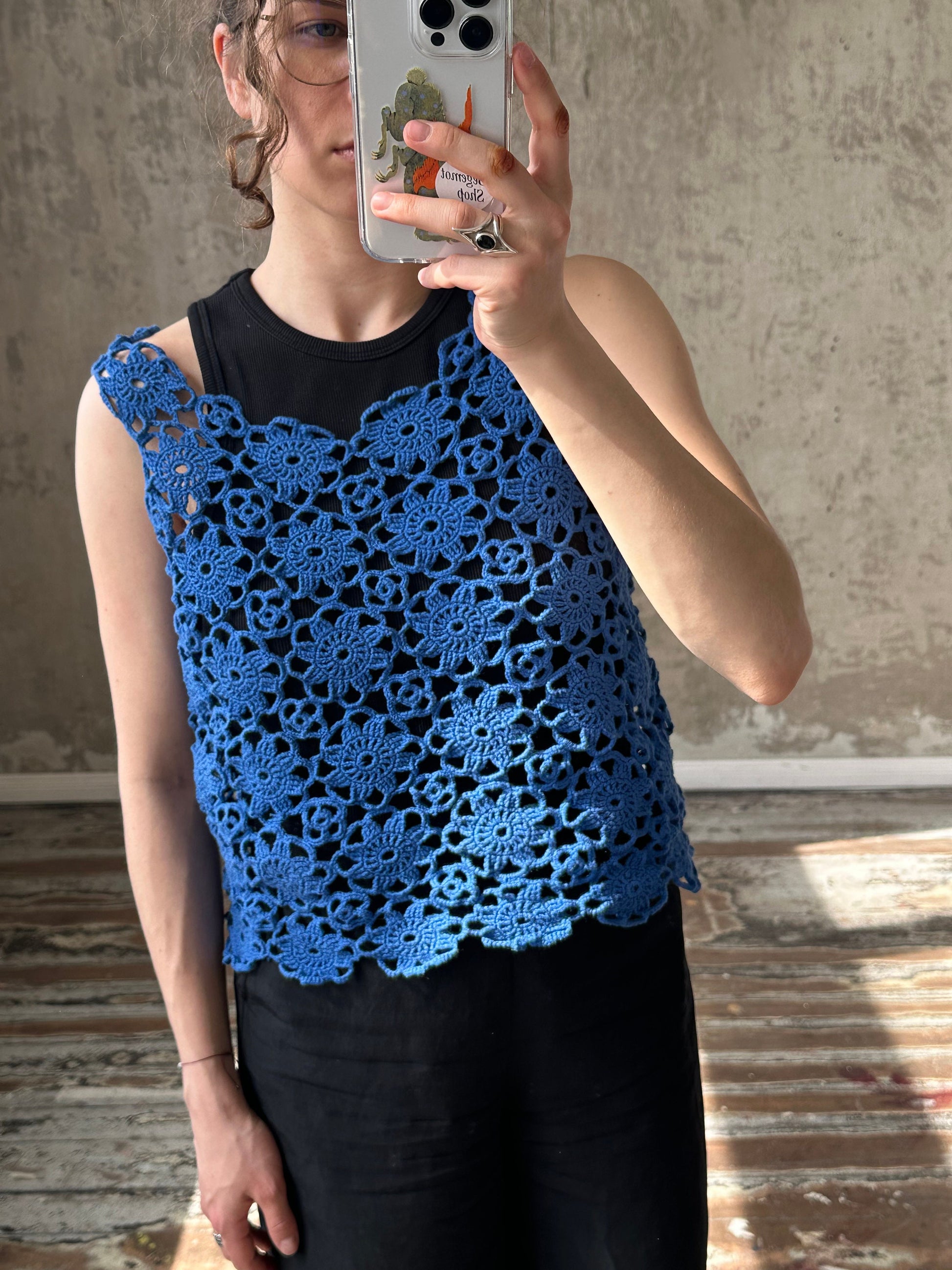 Vintage y2k blue knitted top, crochet top