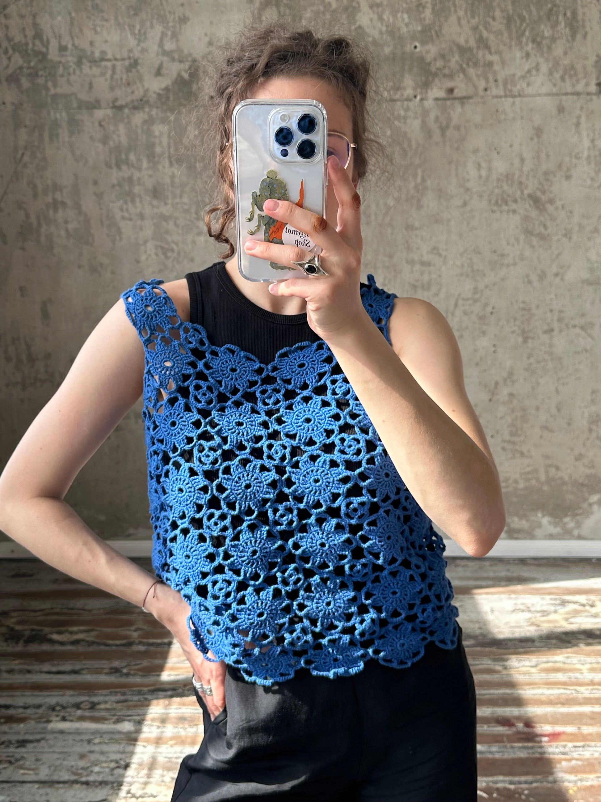 Vintage y2k blue knitted top, crochet top