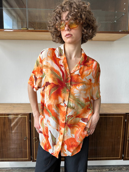 Vintage floral print women's blouse in orange