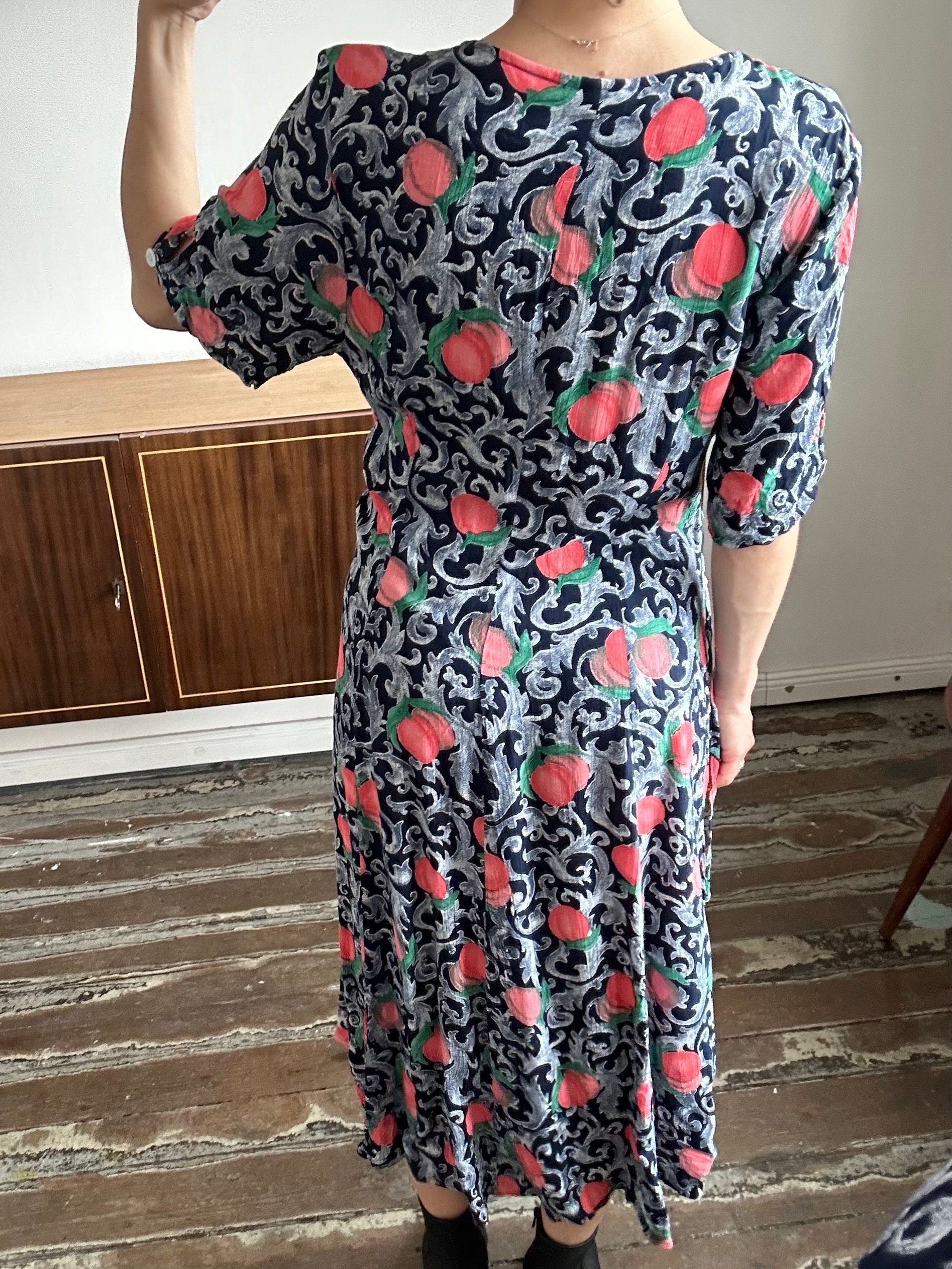 Vintage floral dress in blue with peach print, summer maxi sundress
