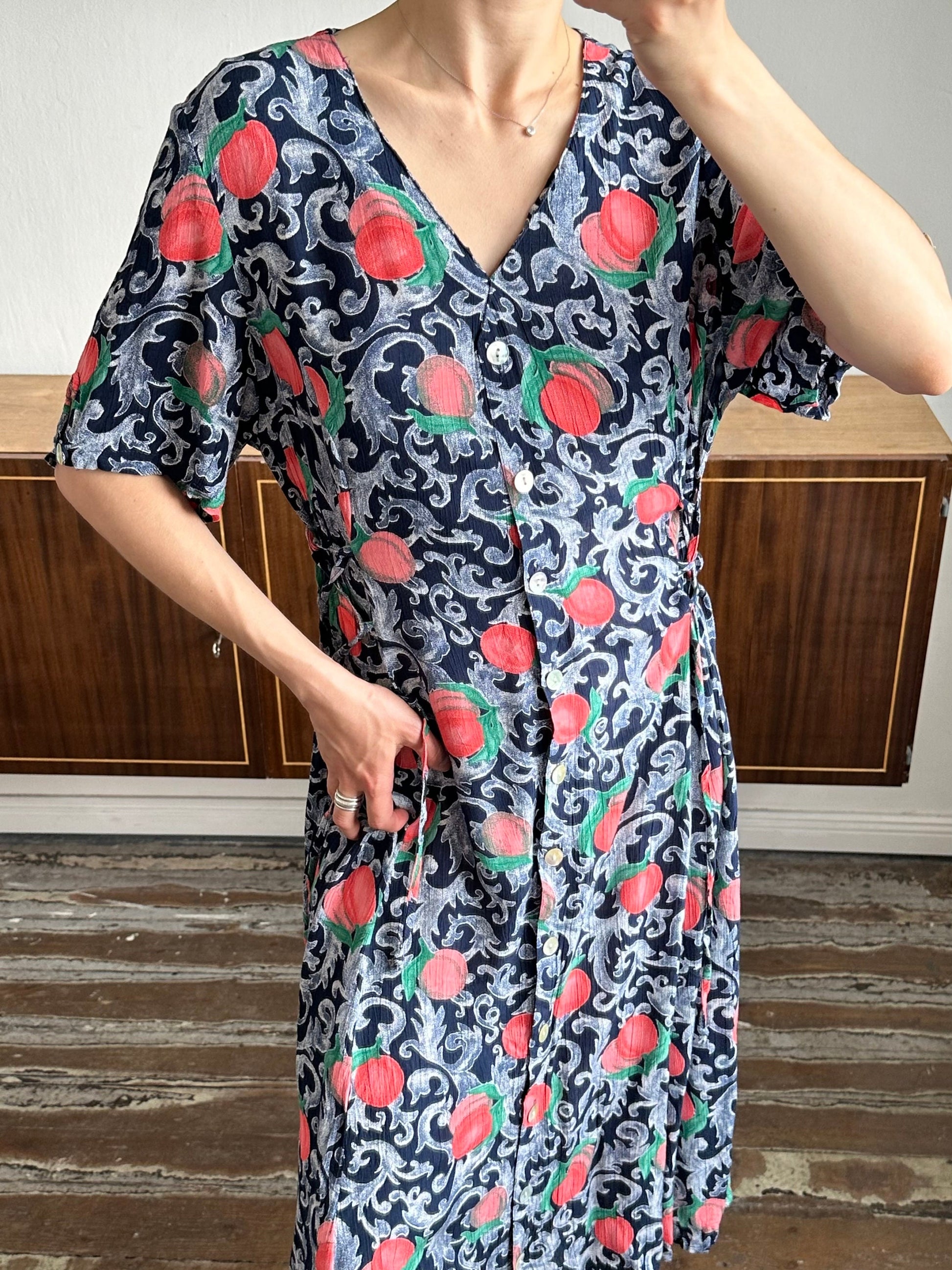 Vintage floral dress in blue with peach print, summer maxi sundress