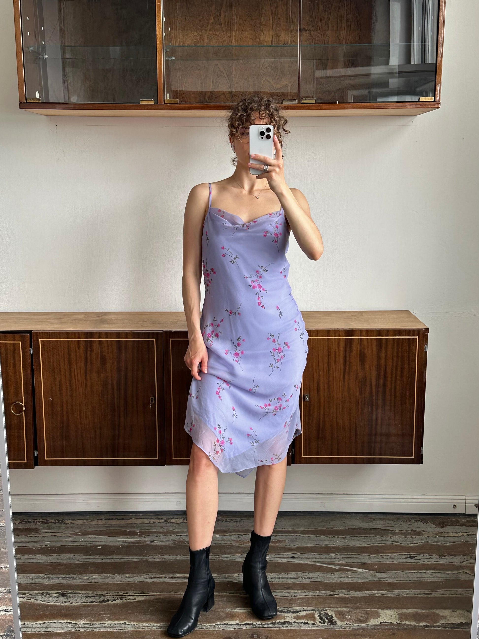 Vintage floral tea dress, maxi tea dress in purple