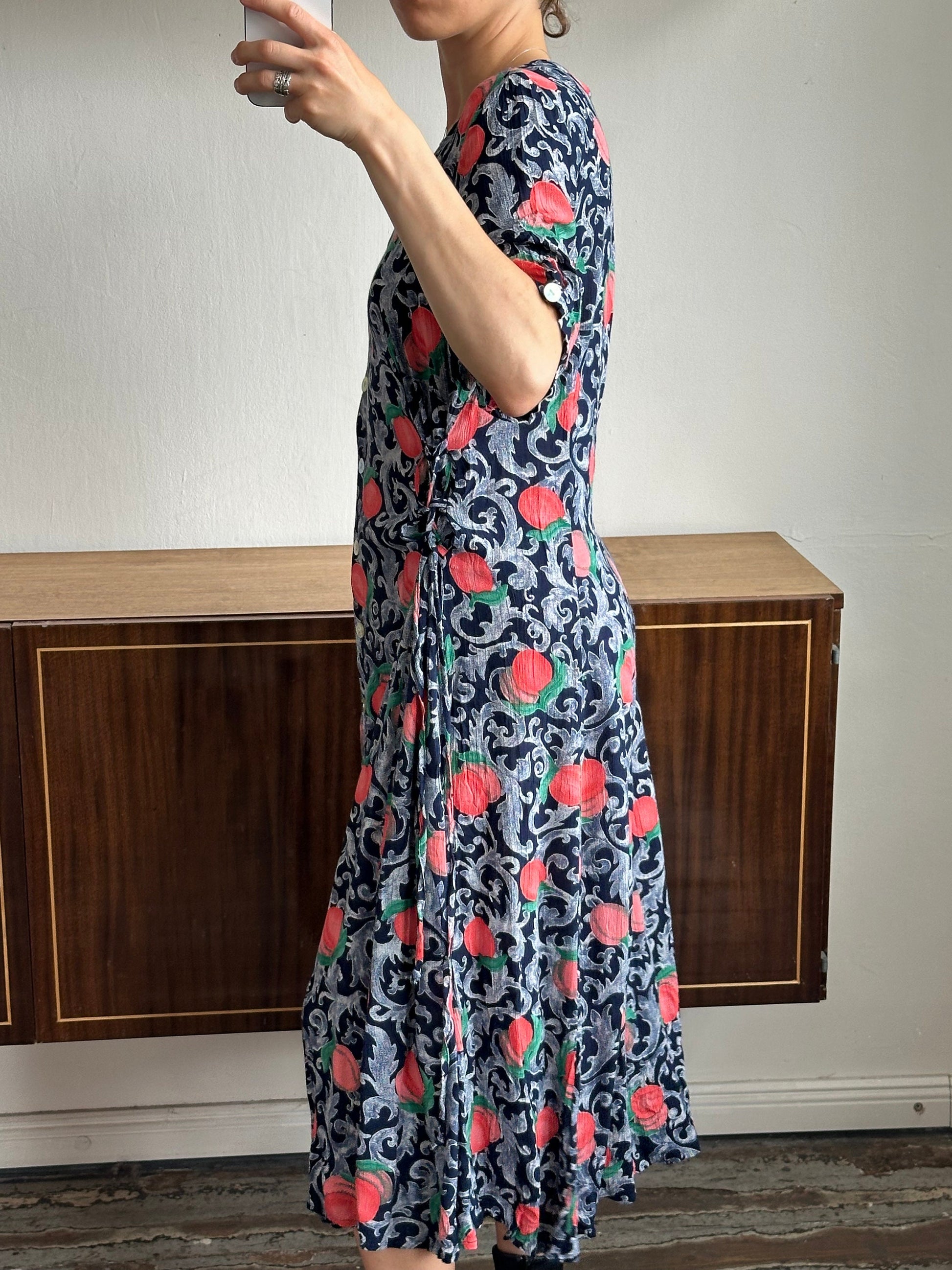 Vintage floral dress in blue with peach print, summer maxi sundress