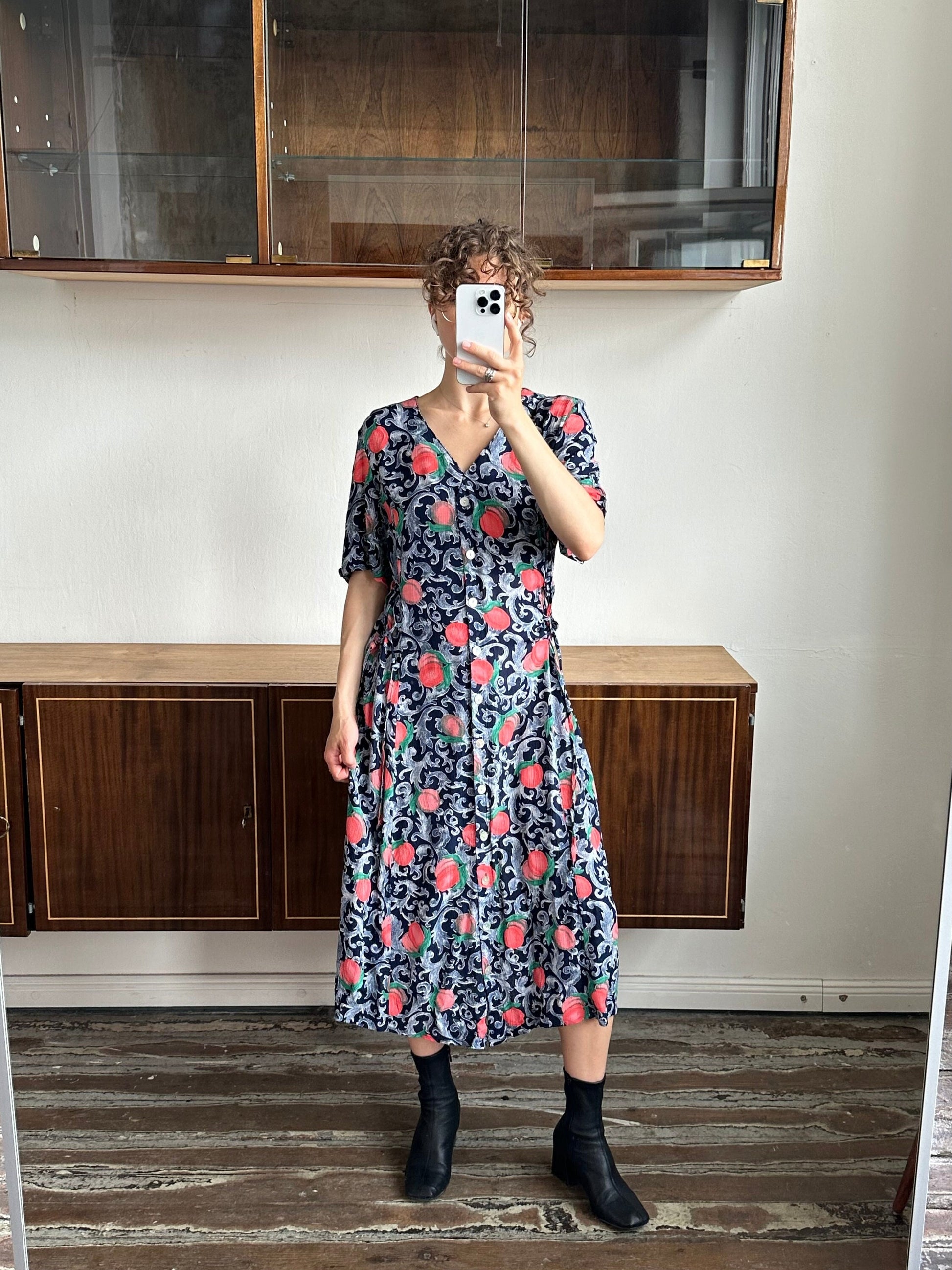 Vintage floral dress in blue with peach print, summer maxi sundress