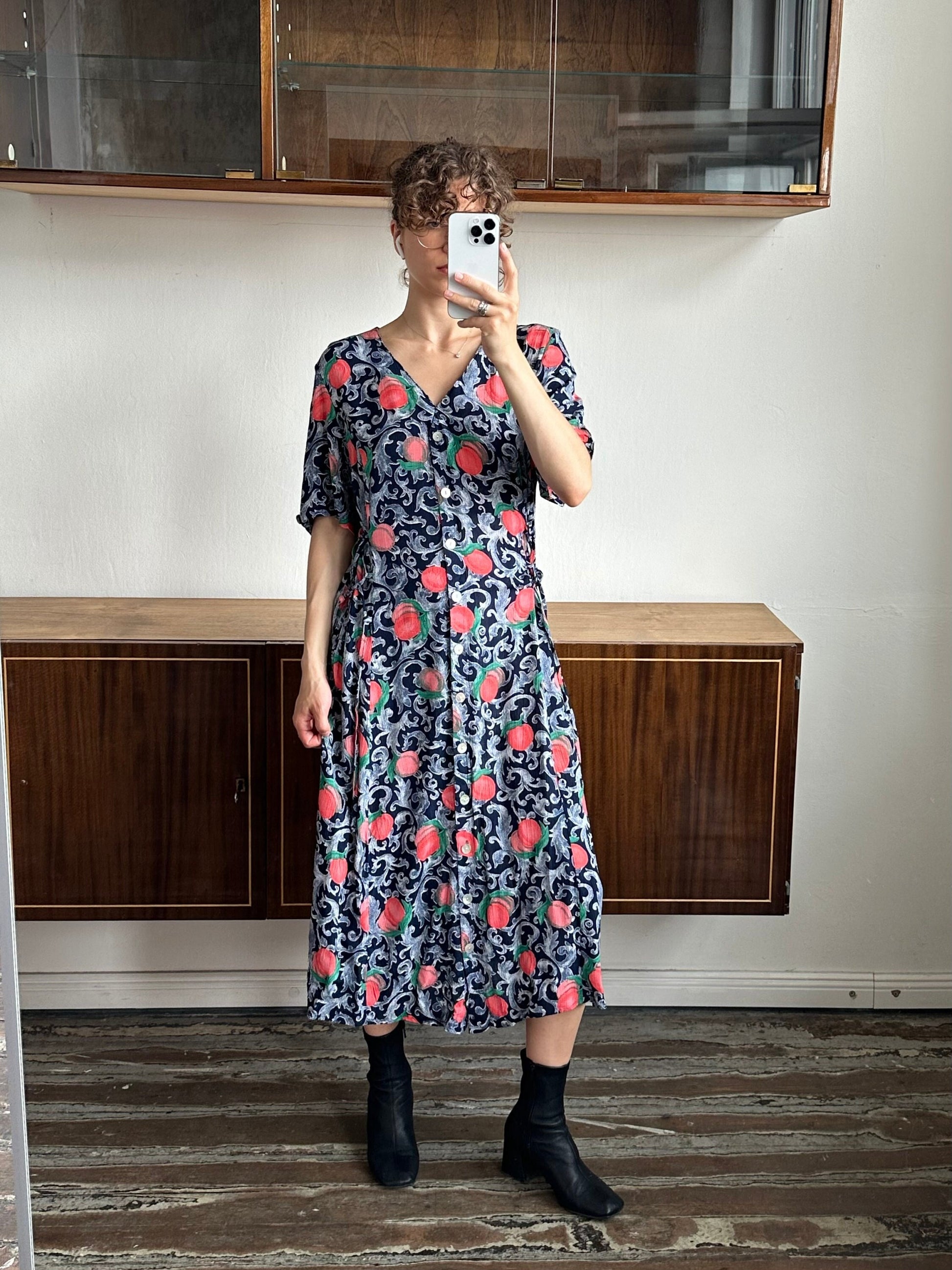 Vintage floral dress in blue with peach print, summer maxi sundress