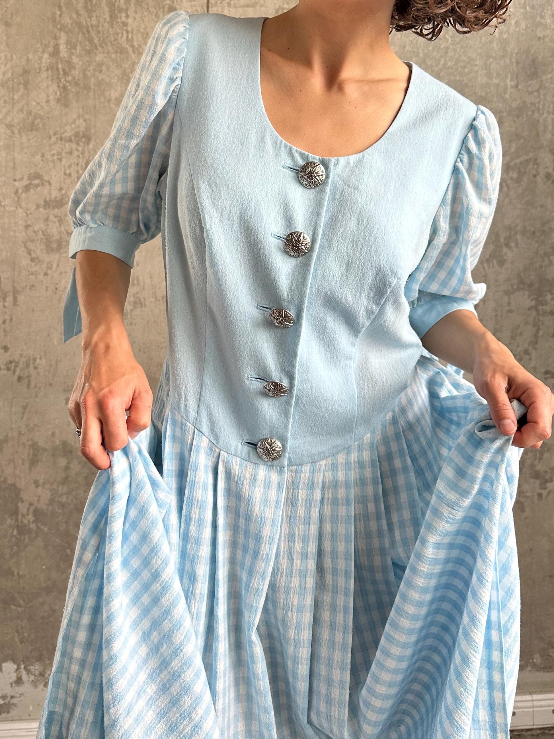Vintage 80s traditional check dress in blue, oversized sundress