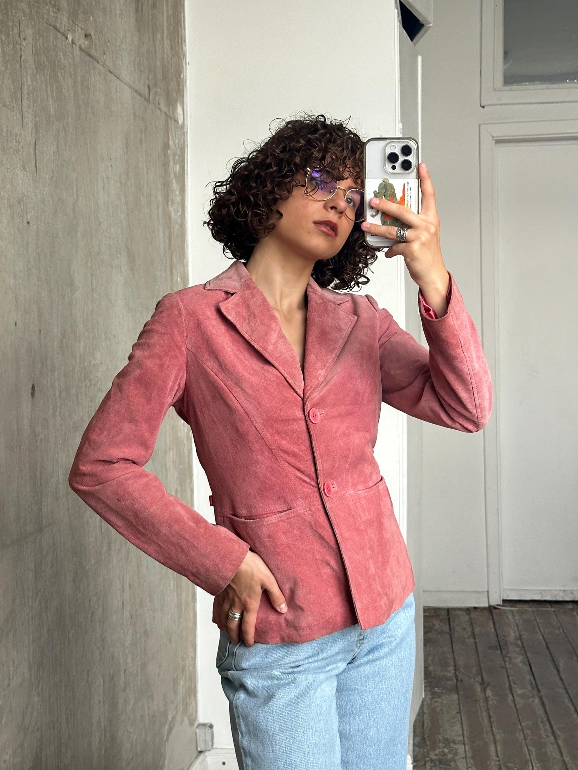 Vintage genuine suede leather jacket in pink