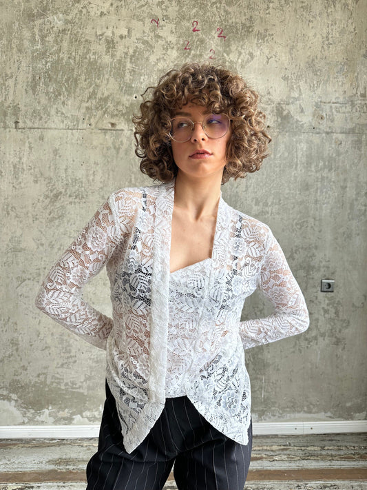 Vintage 80s lace blouse in white, sheer blouse