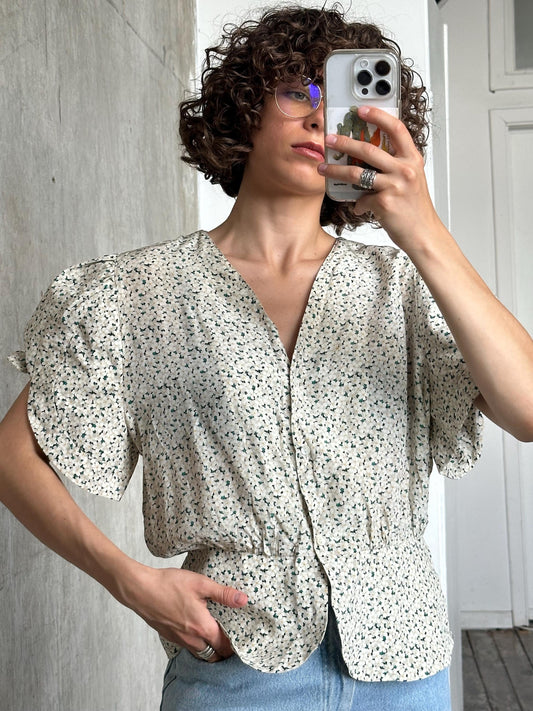 Vintage floral print cottage blouse in beige, silk blouse