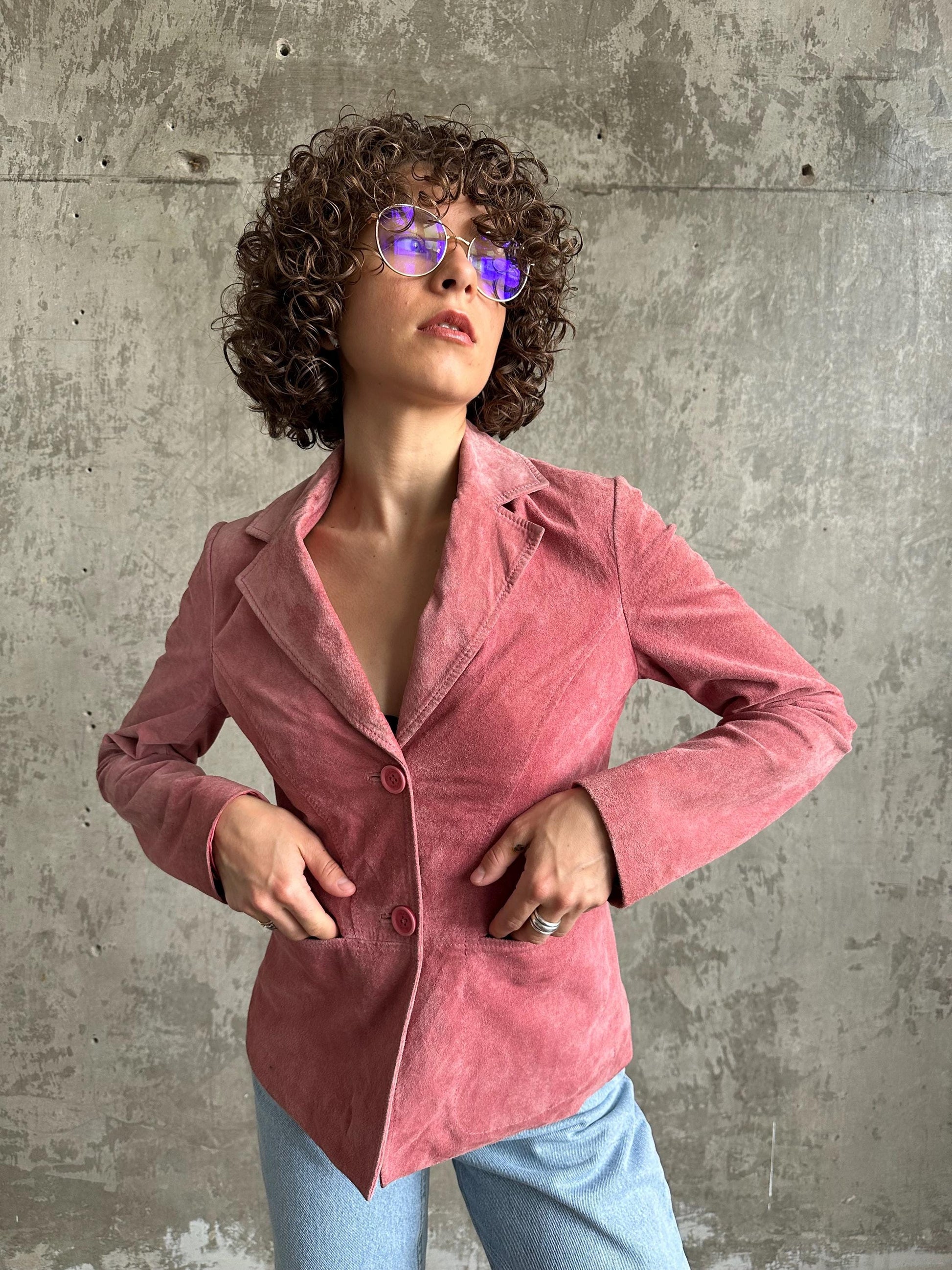 Vintage genuine suede leather jacket in pink