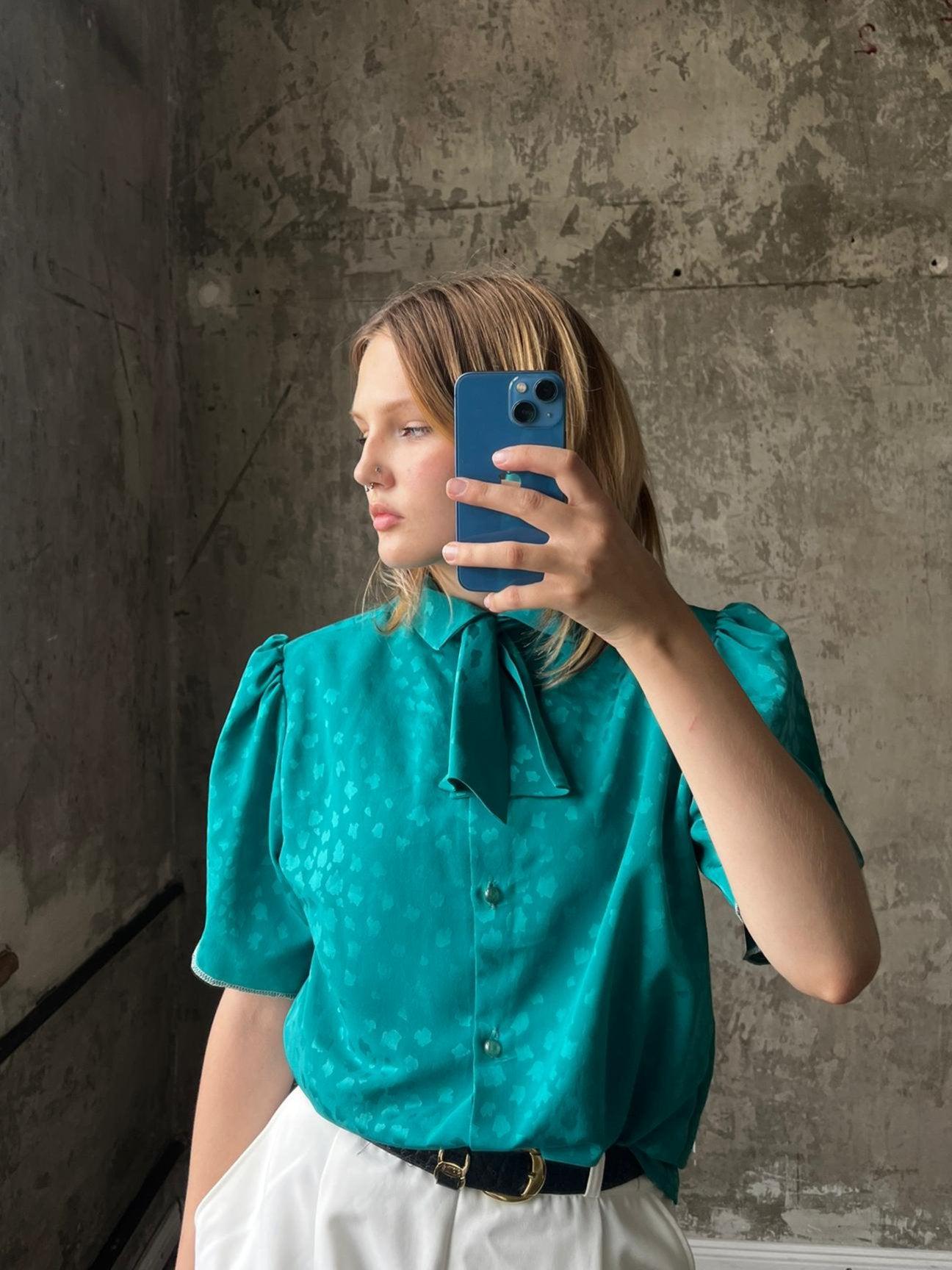 Vintage 80s tie collar blouse in teal blue