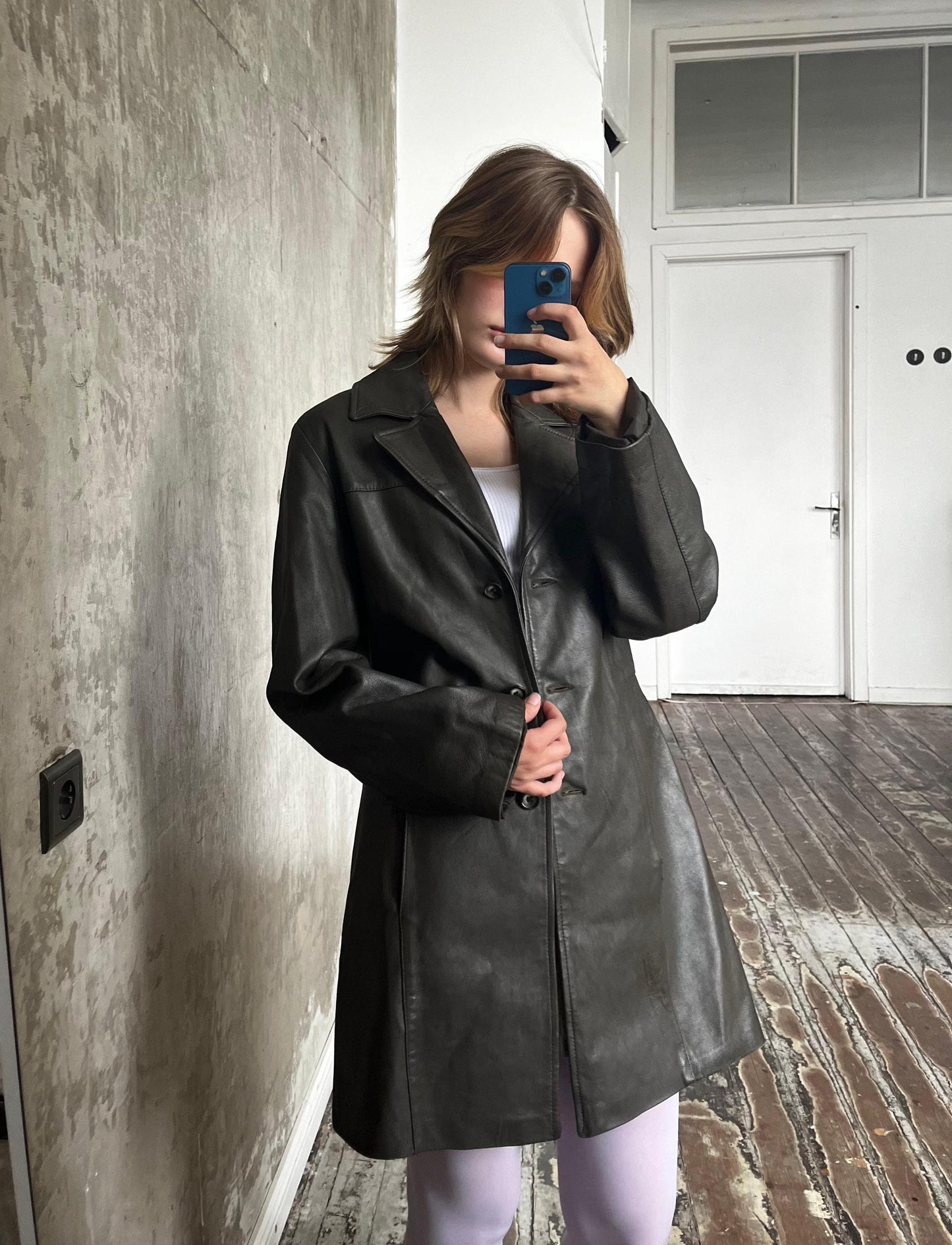 Vintage 90s leather coat in dark khaki green
